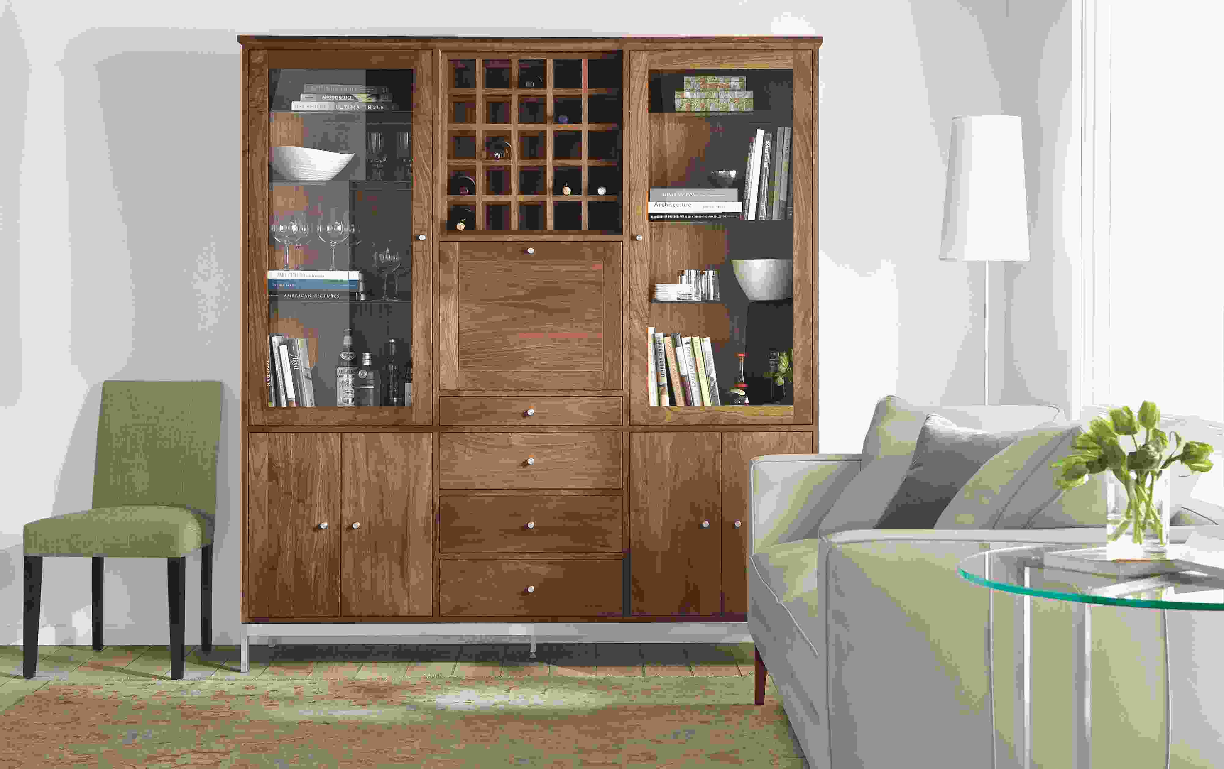 Detail of custom Linear cabinet with wine rack.
