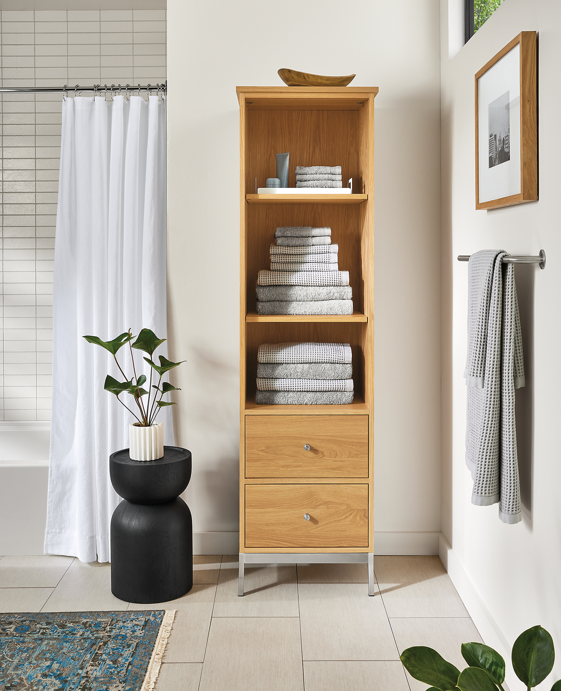 Bathroom with Linear 20-wide freestanding linen cabinet, Nyla stool in red oak with charcoal stain.