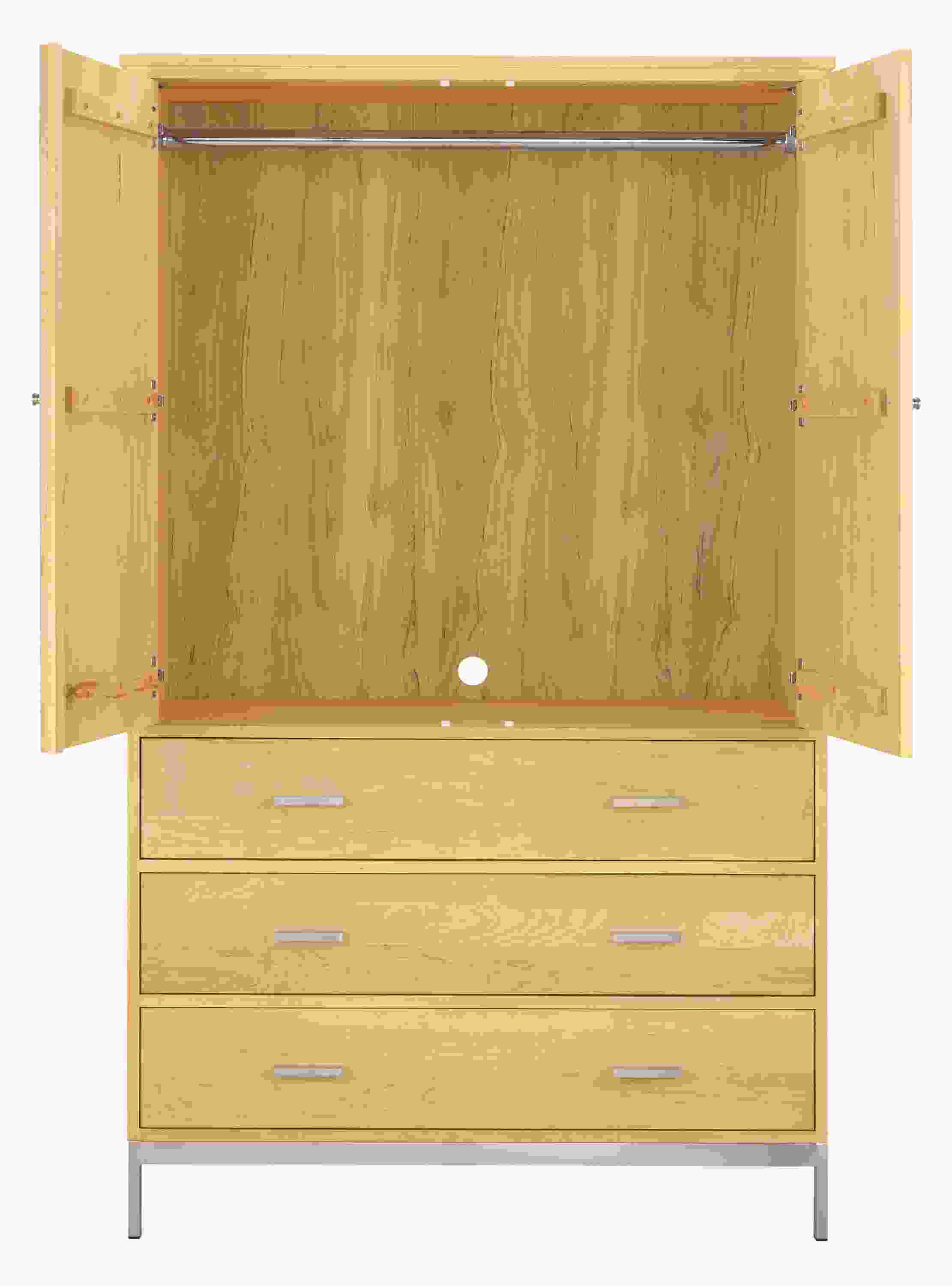 Detail of linear 45-wide three drawer armoire with top doors open showing metal clothing rod.