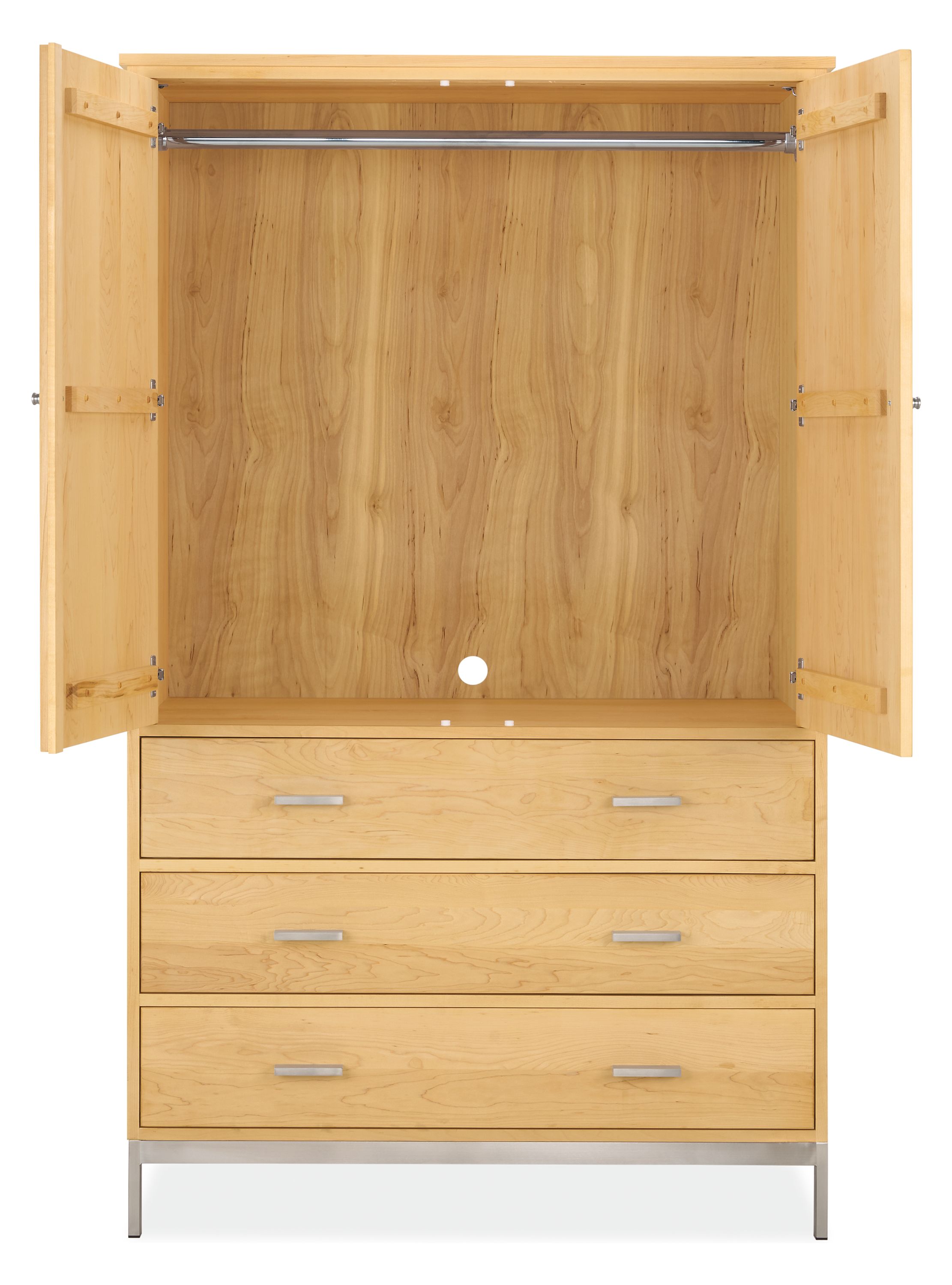 Detail of linear 45-wide three drawer armoire with top doors open showing metal clothing rod.