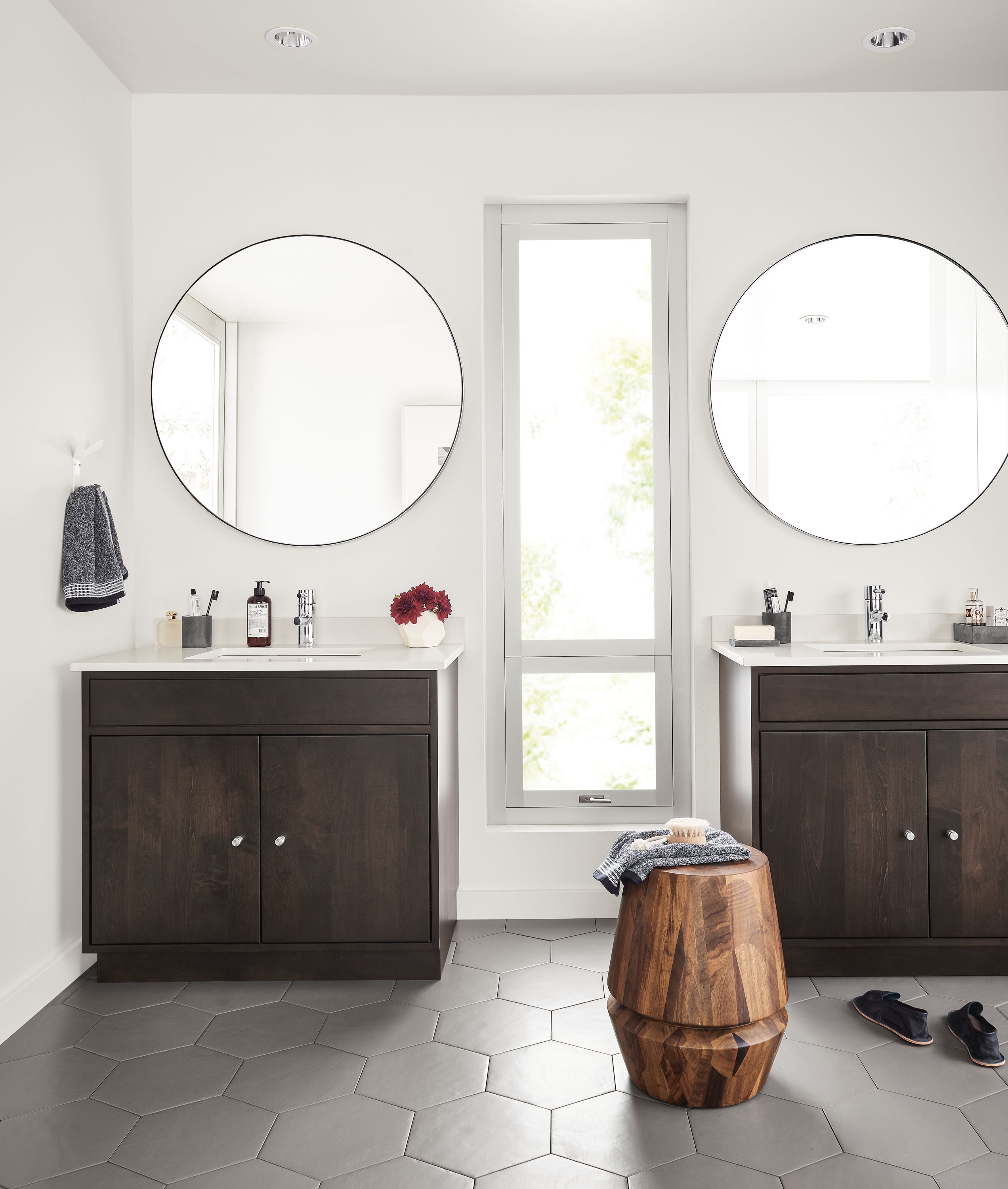 Detail of two Linear vanities in bathroom.