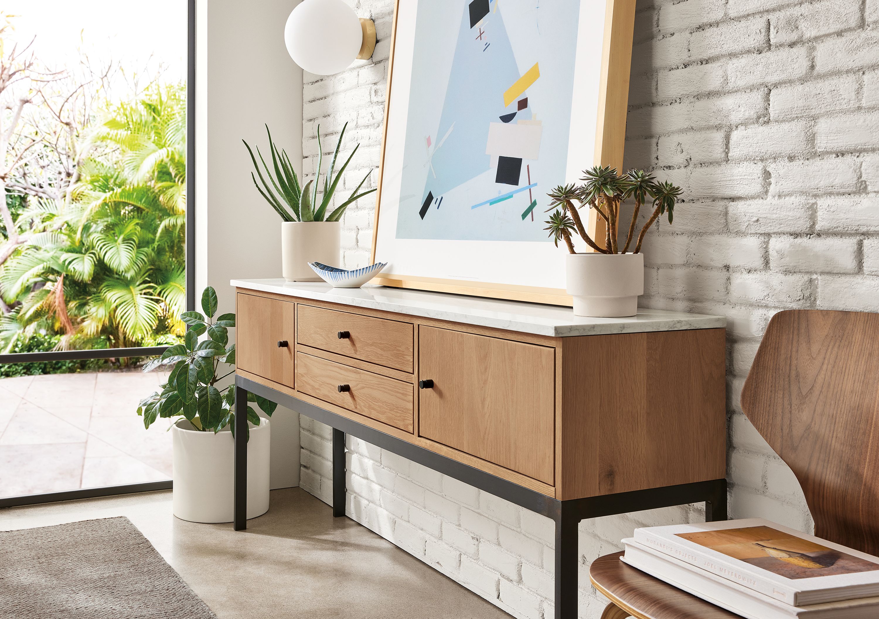 72w 32h cabinet in oak with rye stain, marbled white quartz top, natural steel base & hardware