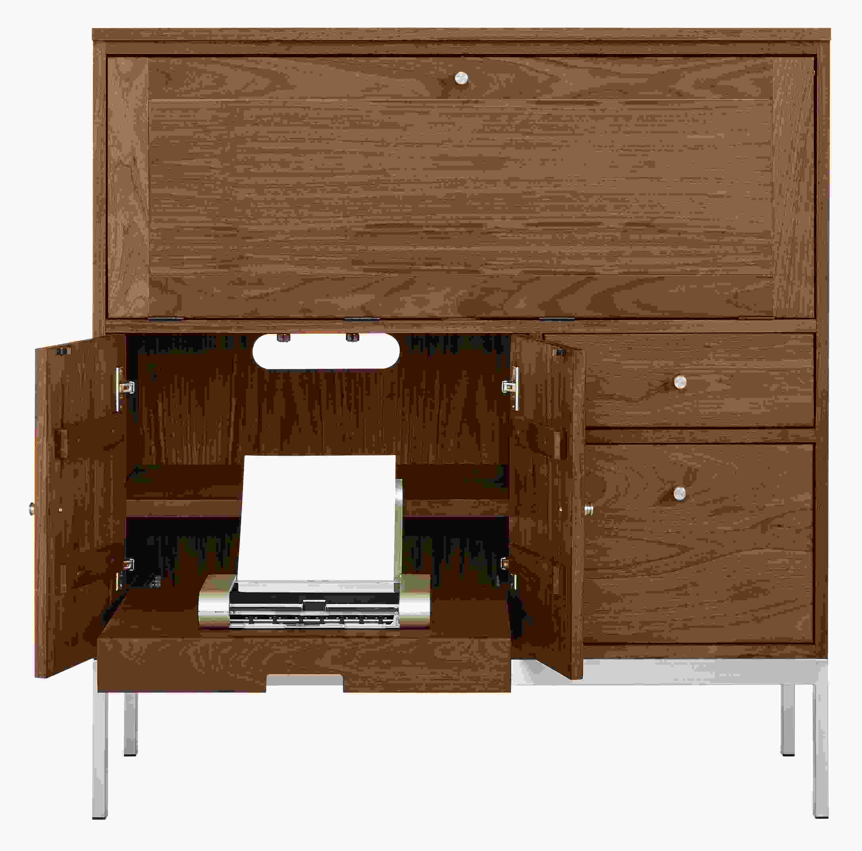 Front view of Linear 45h 42x20 Two-Door/Two-Drawer Office Armoire in Walnut.