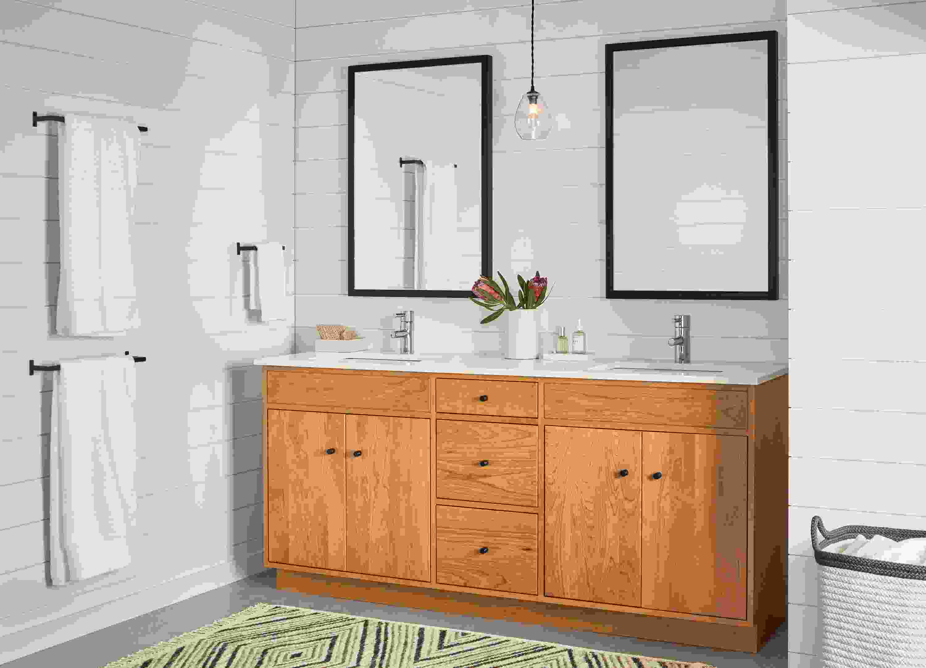Detail of Linear two-sink vanity in cherry.