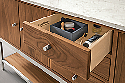 Close detail of Linear vanity drawer open.