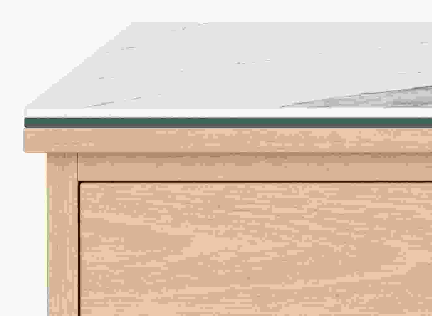 Corner detail of Linear nightstand with ceramic top.