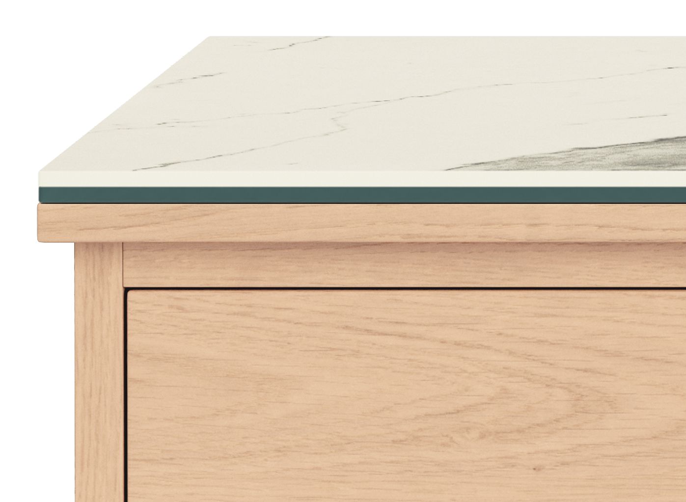 Corner detail of Linear nightstand with ceramic top.