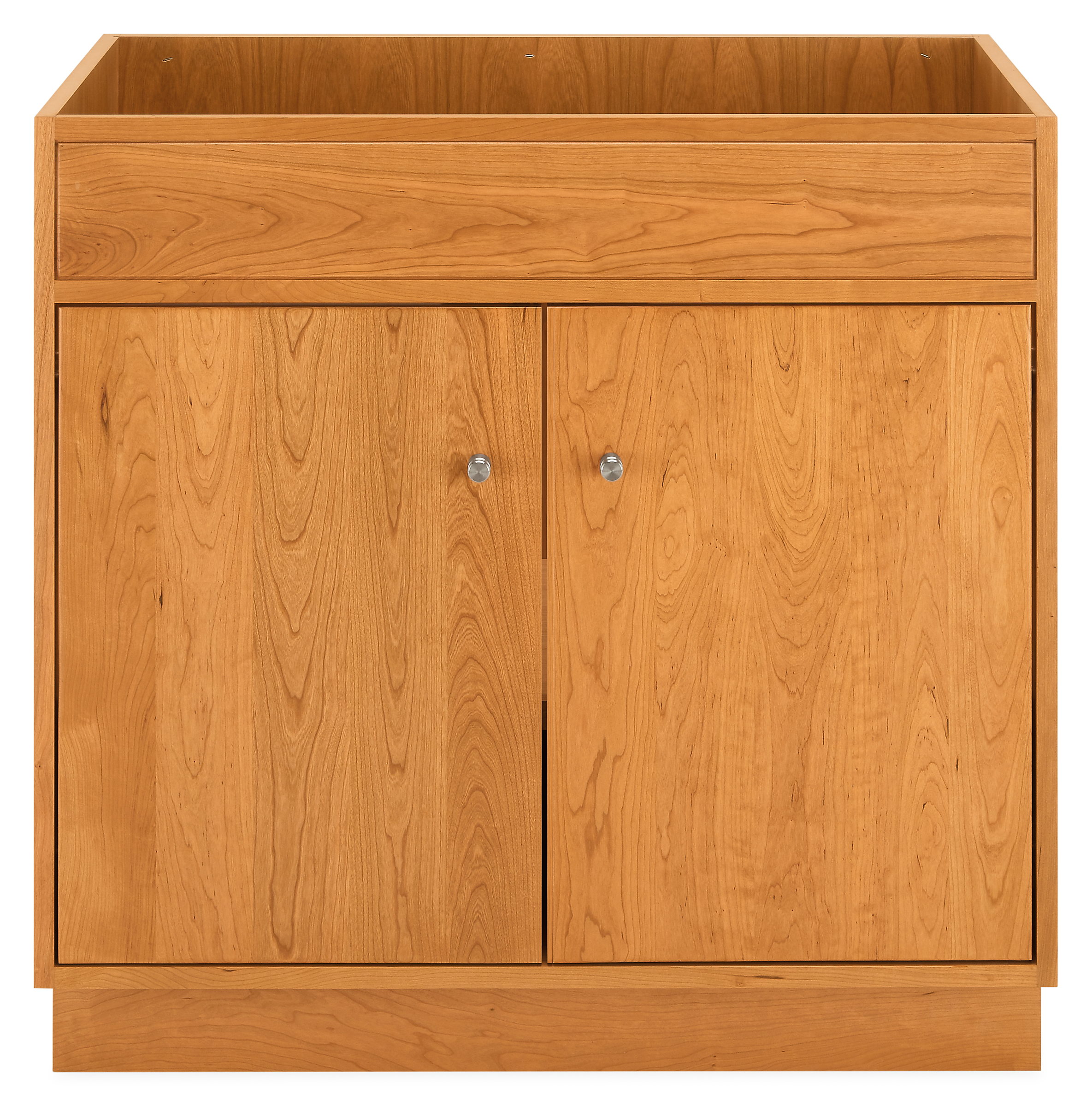 Detail of Linear bathroom vanity wood base cabinet without top.