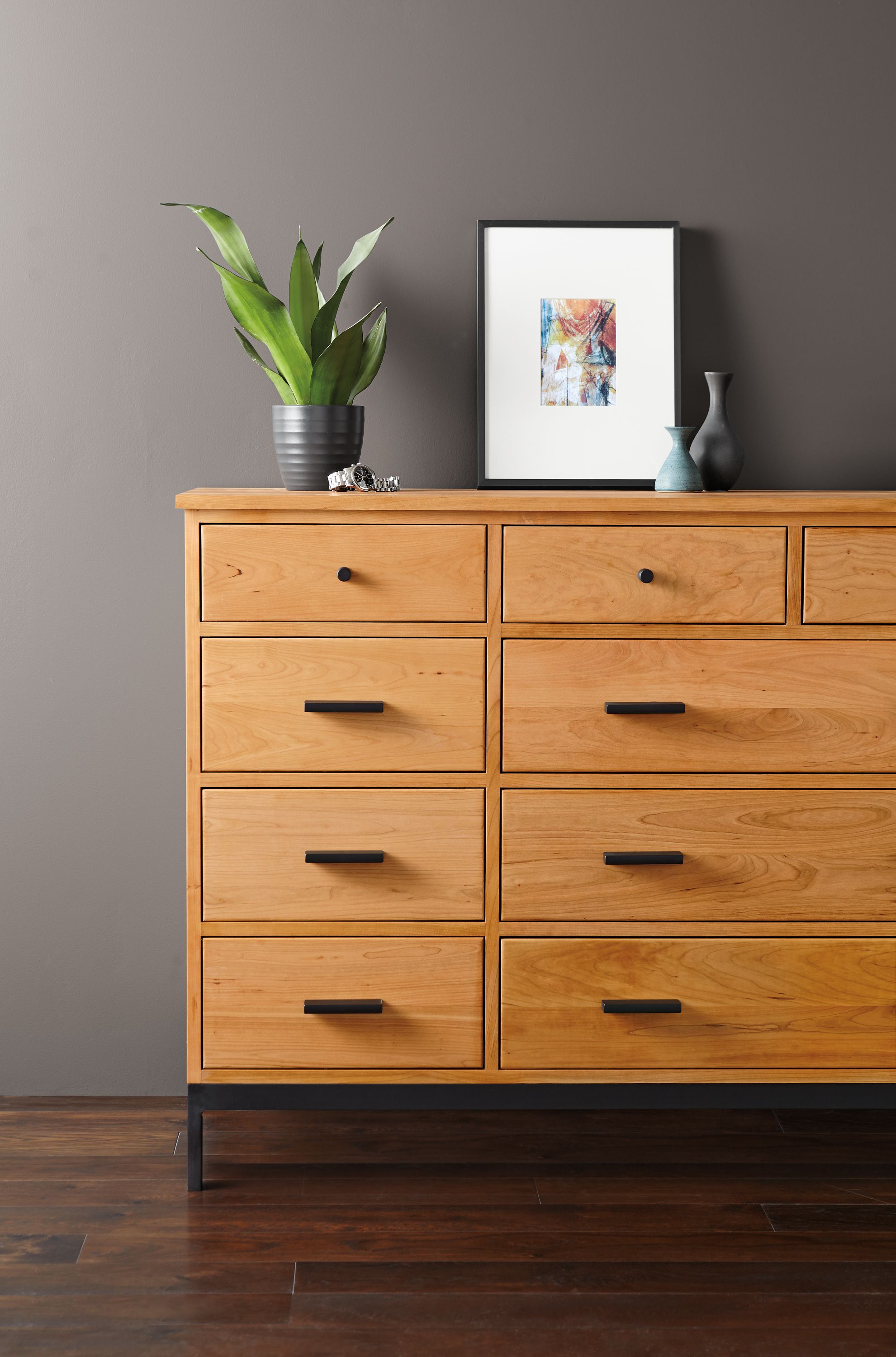 Detail of Linear nine-drawer dresser.