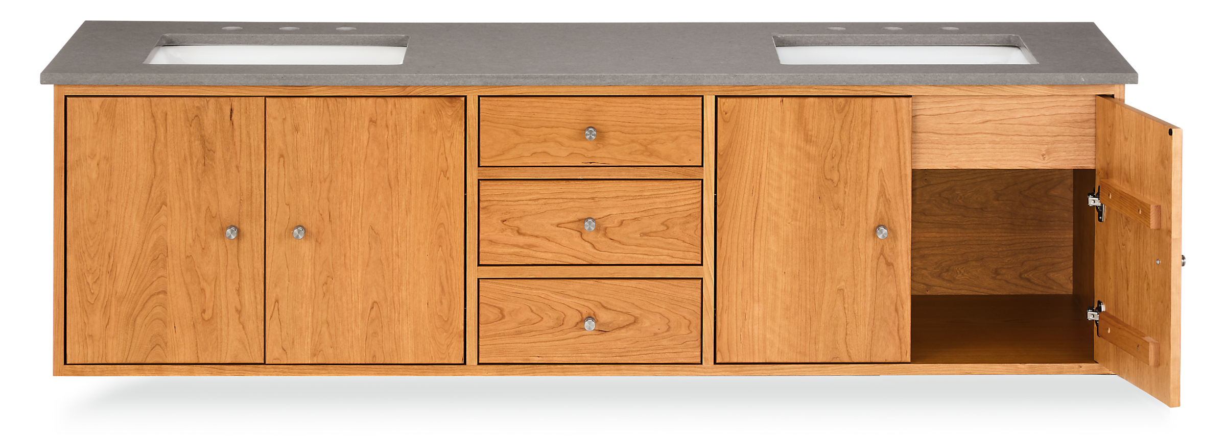 Linear 72-wide Floating Vanity with Double Sink and Left and Right Overhang in Cherry with Fog Quartz top.