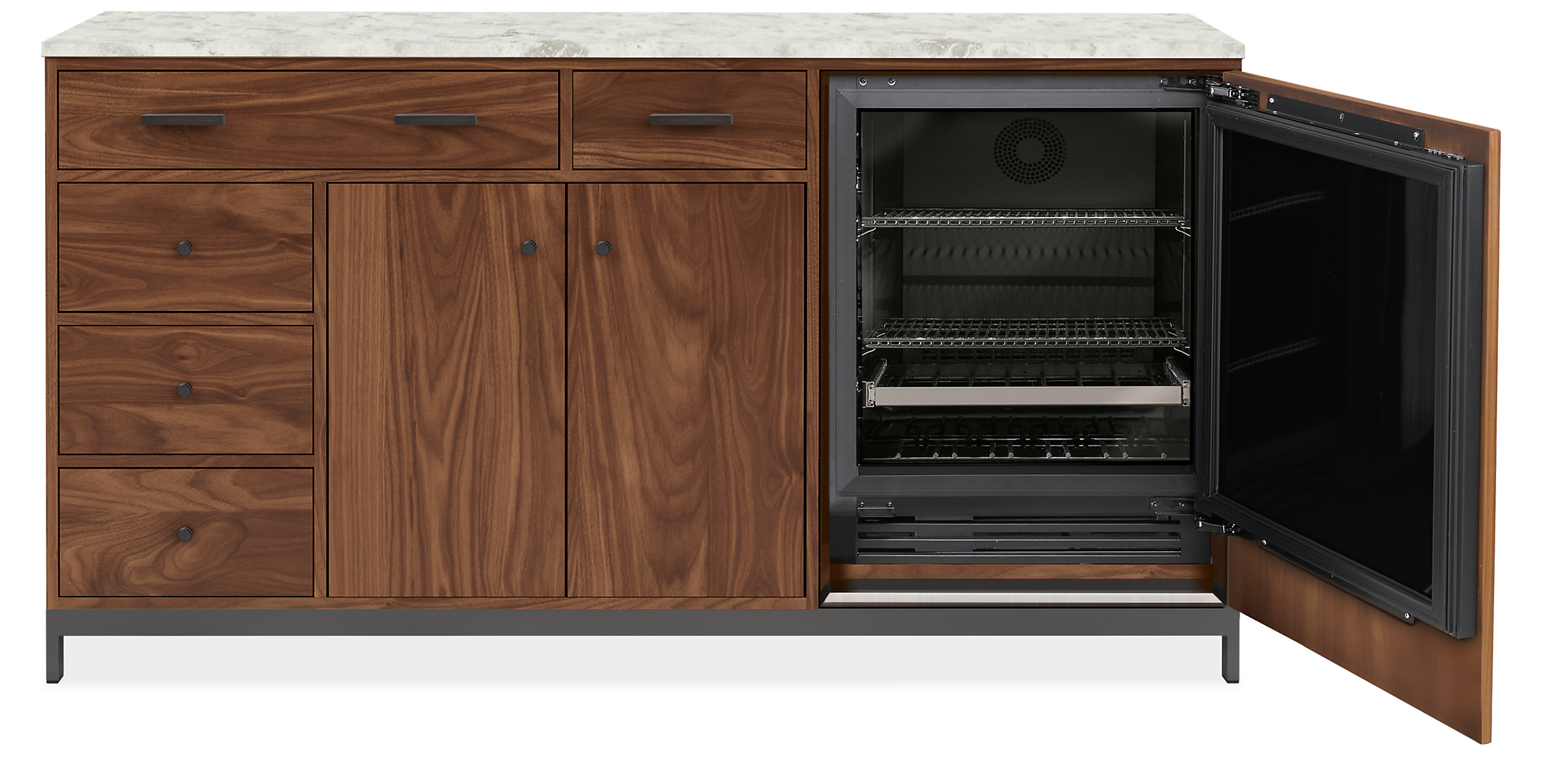 Open detail of Amherst 72w Storage Cabinet with Beverage Refrigerator Door open.