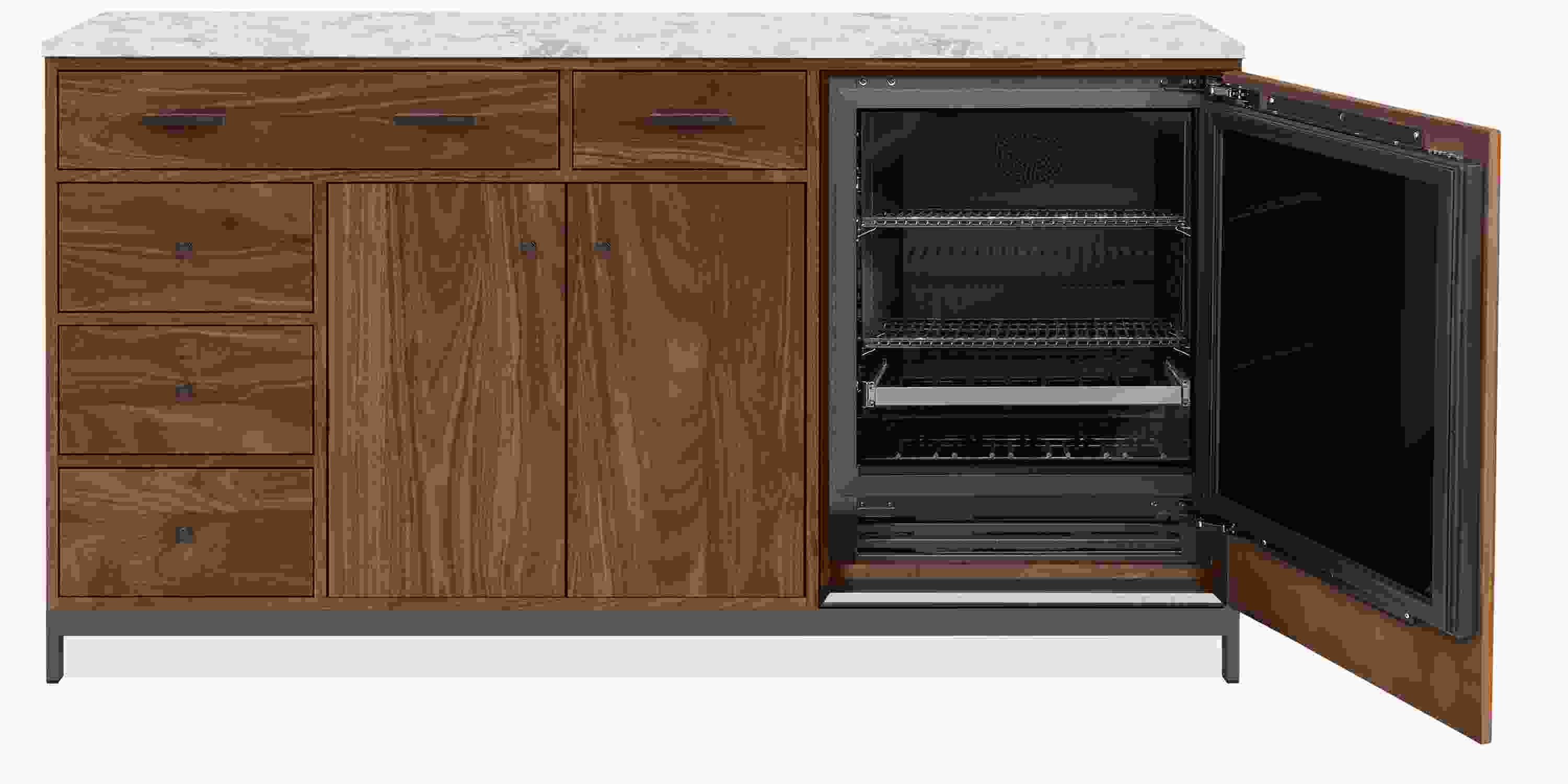 Open detail of Amherst 72w Storage Cabinet with Beverage Refrigerator Door open.