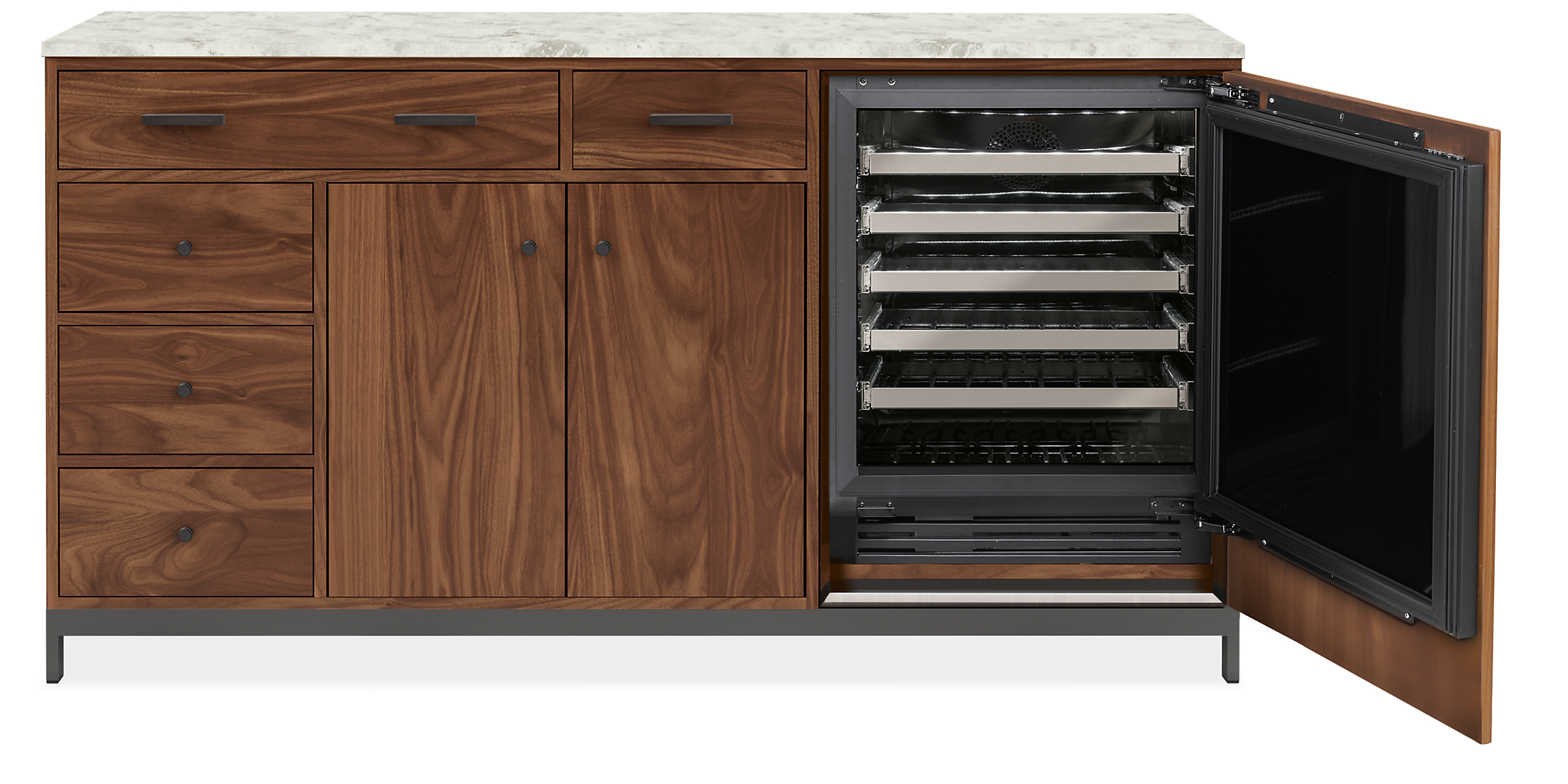 Open detail of Amherst 72w Storage Cabinet with Wine Refrigerator Door open.