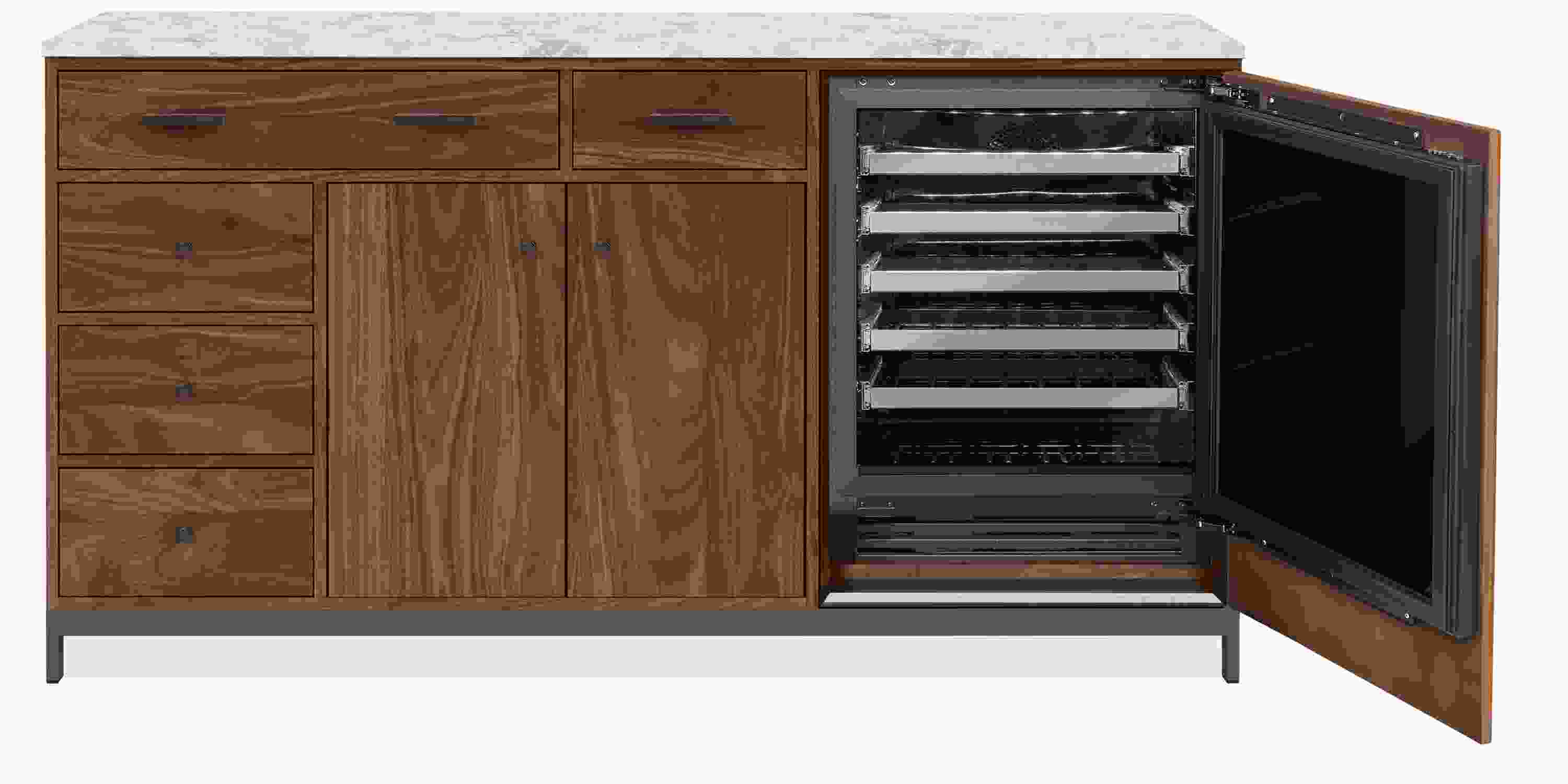 Open detail of Amherst 72w Storage Cabinet with Wine Refrigerator Door open.