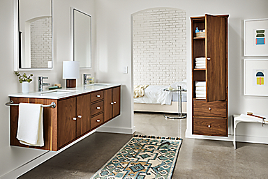 Bathroom with Linear floating vanity and floating linen cabinet in walnut and Cooper bench in white.