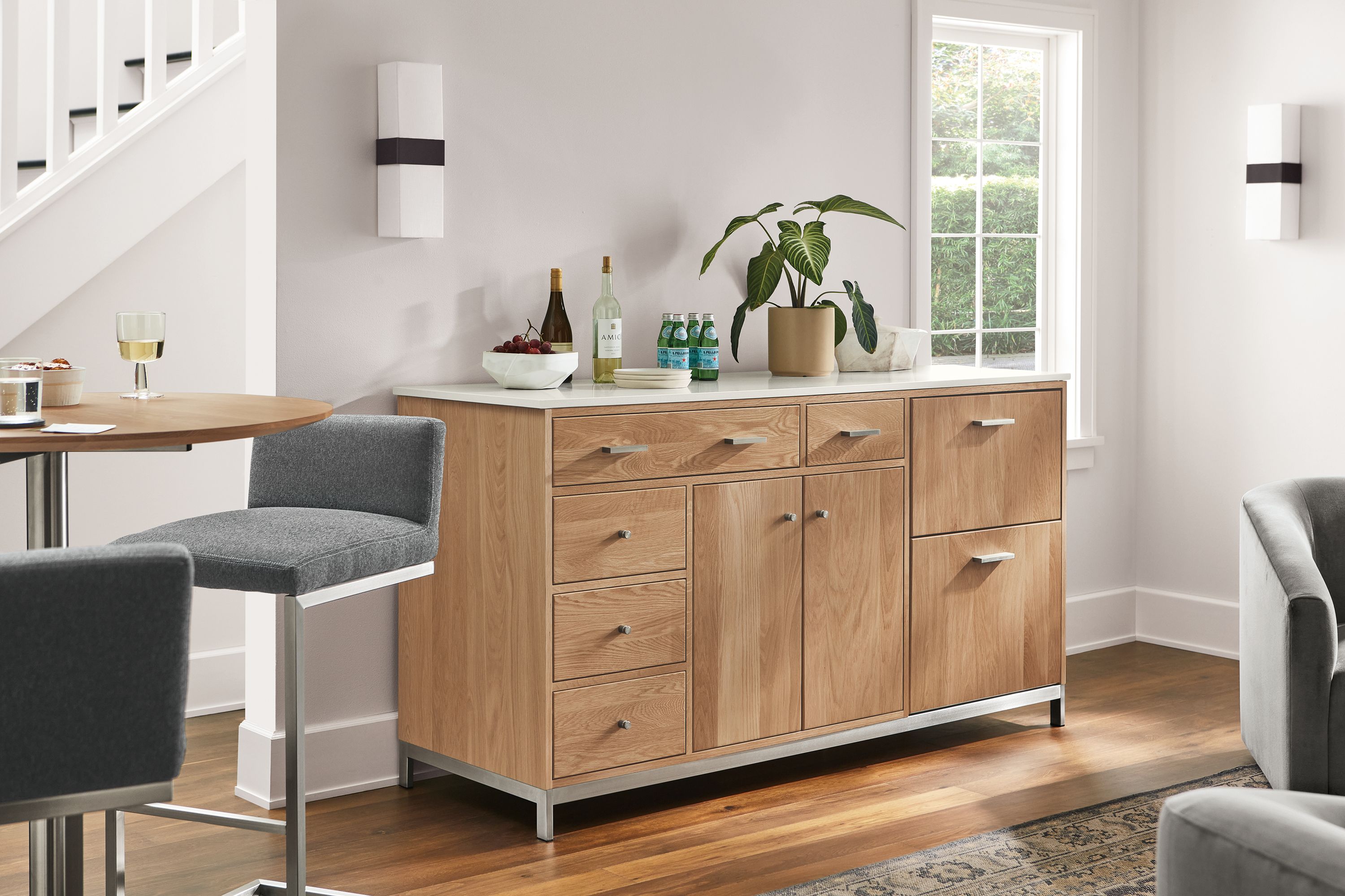 72w cabinet in rye stain with white quartz top; two refrigerator drawers, stainless steel base & hardware