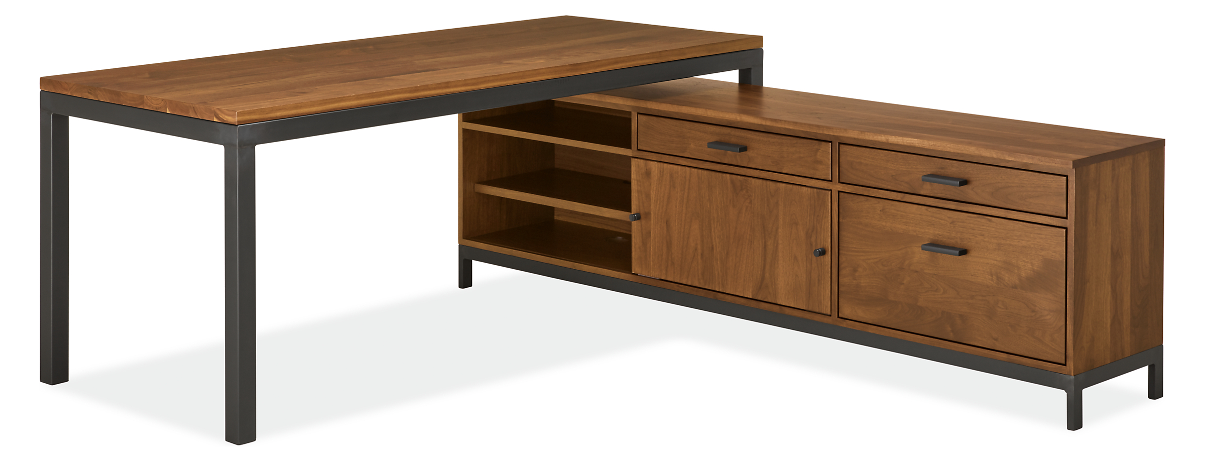 Combination of Linear right-file drawer bench underneath Parsons desk in L-shaped configuration.