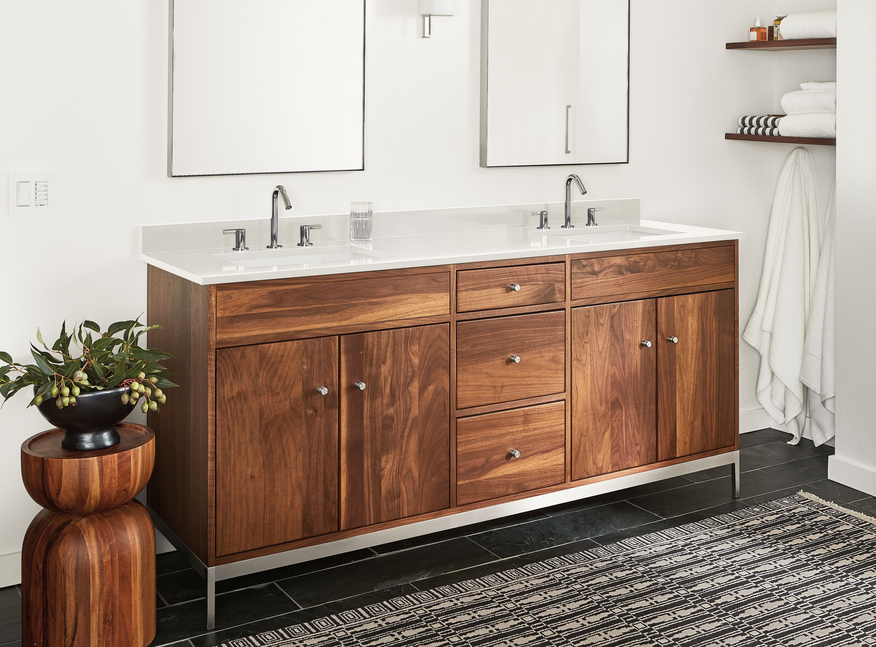 72w vanity in walnut: left & right side overhang,  white quartz - rectangular sinks, 8" spread faucet holes, stainless steel base & hardware