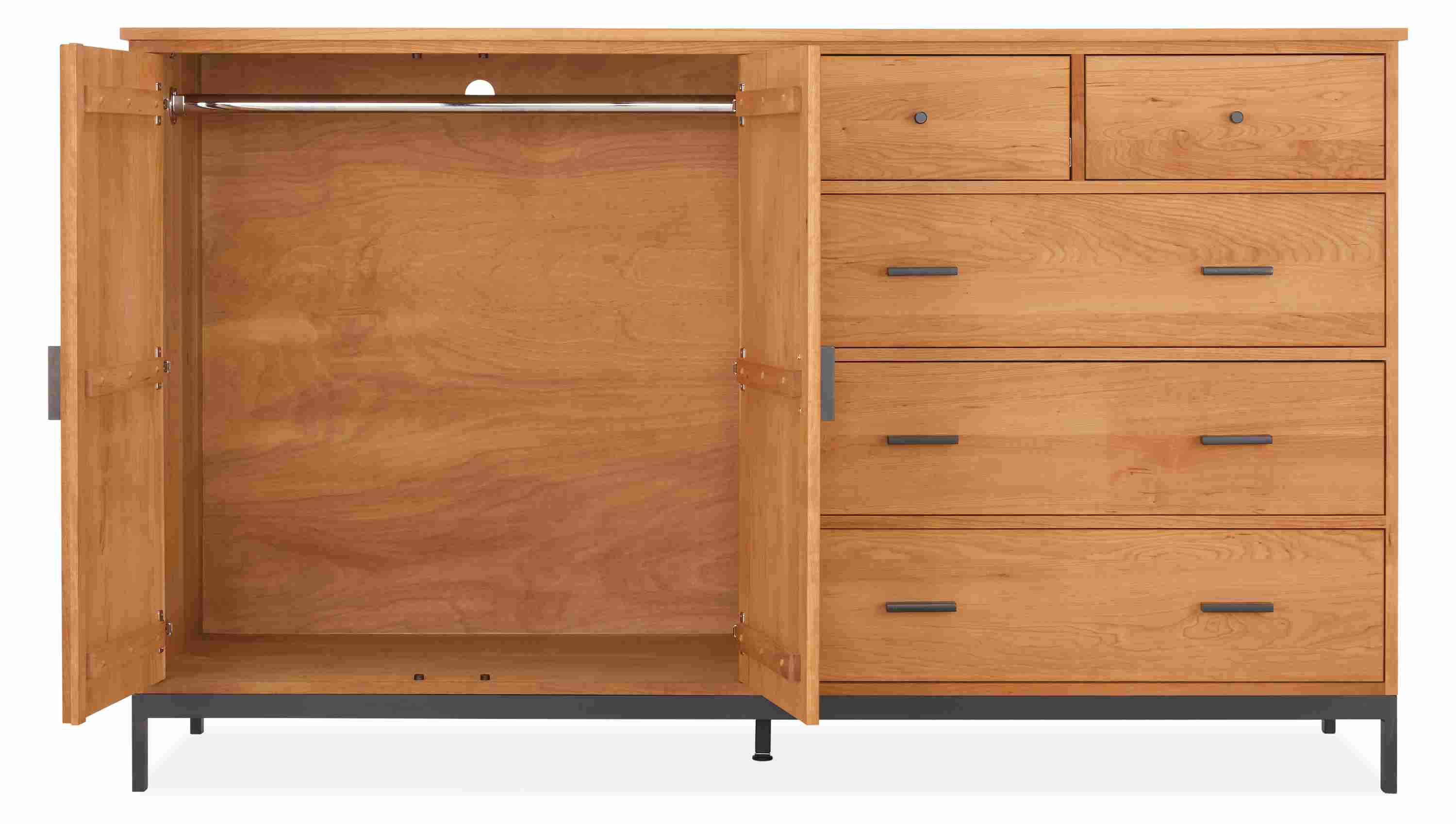 Linear 78-wide, two-door/5-drawer armoire in cherry with two doors shown open showing metal rod.