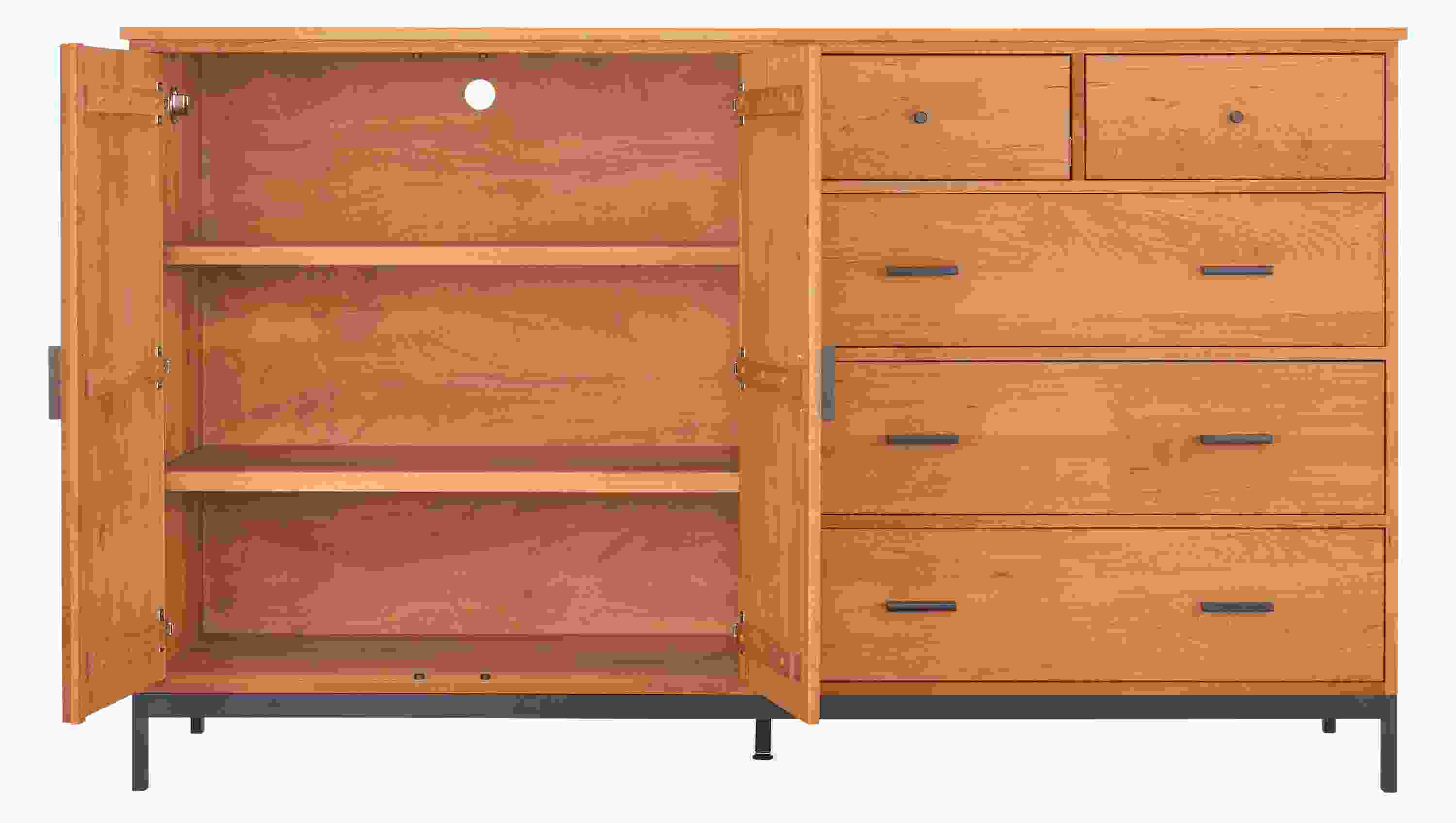 Linear 78-wide two-door/5-drawer armoire in cherry with open doors showing 2 interior wood shelves.