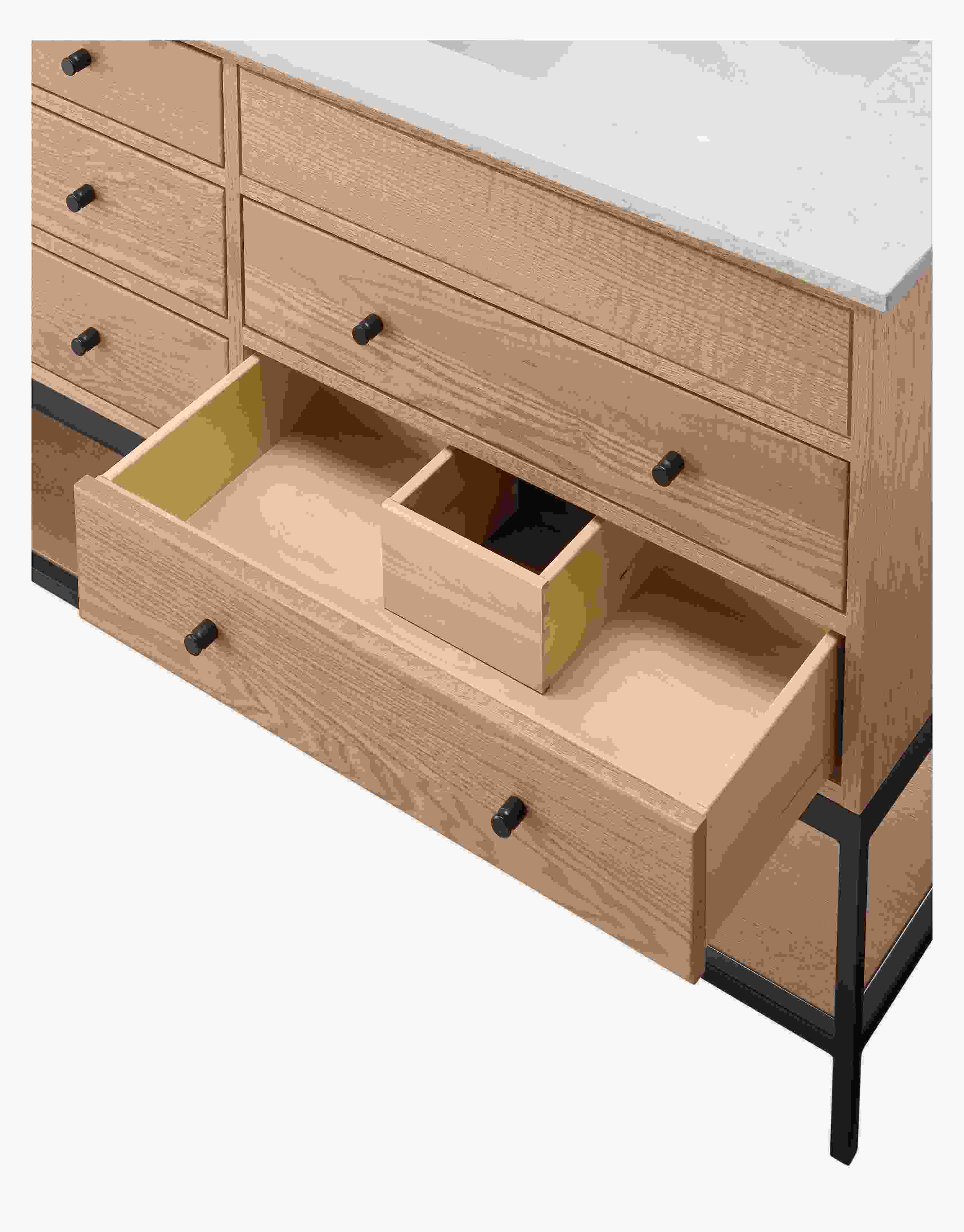 Detail of Linear Double-Sink Vanity with drawers showing drawer open.