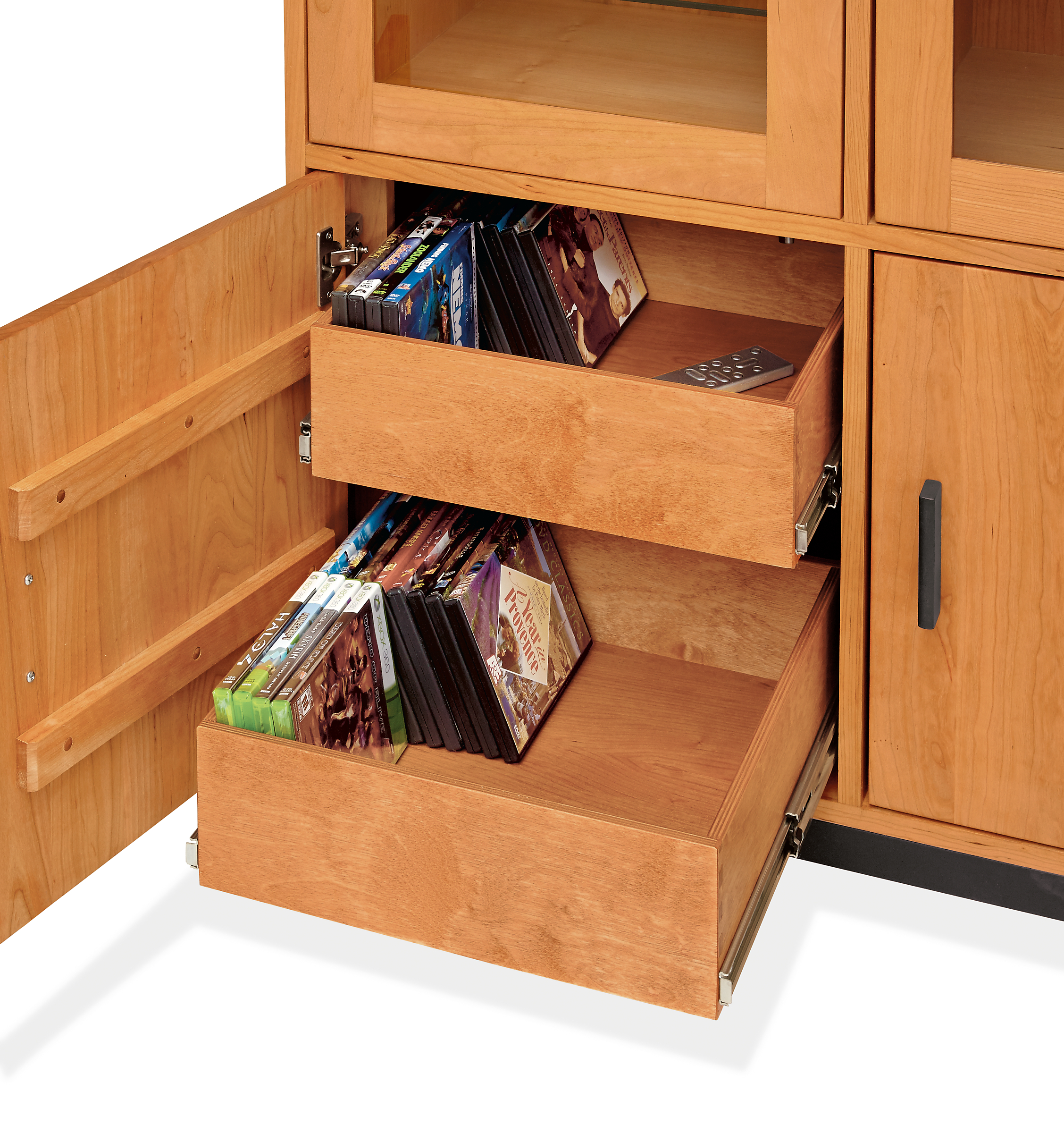 Detail of Linear custom doors with media drawers.