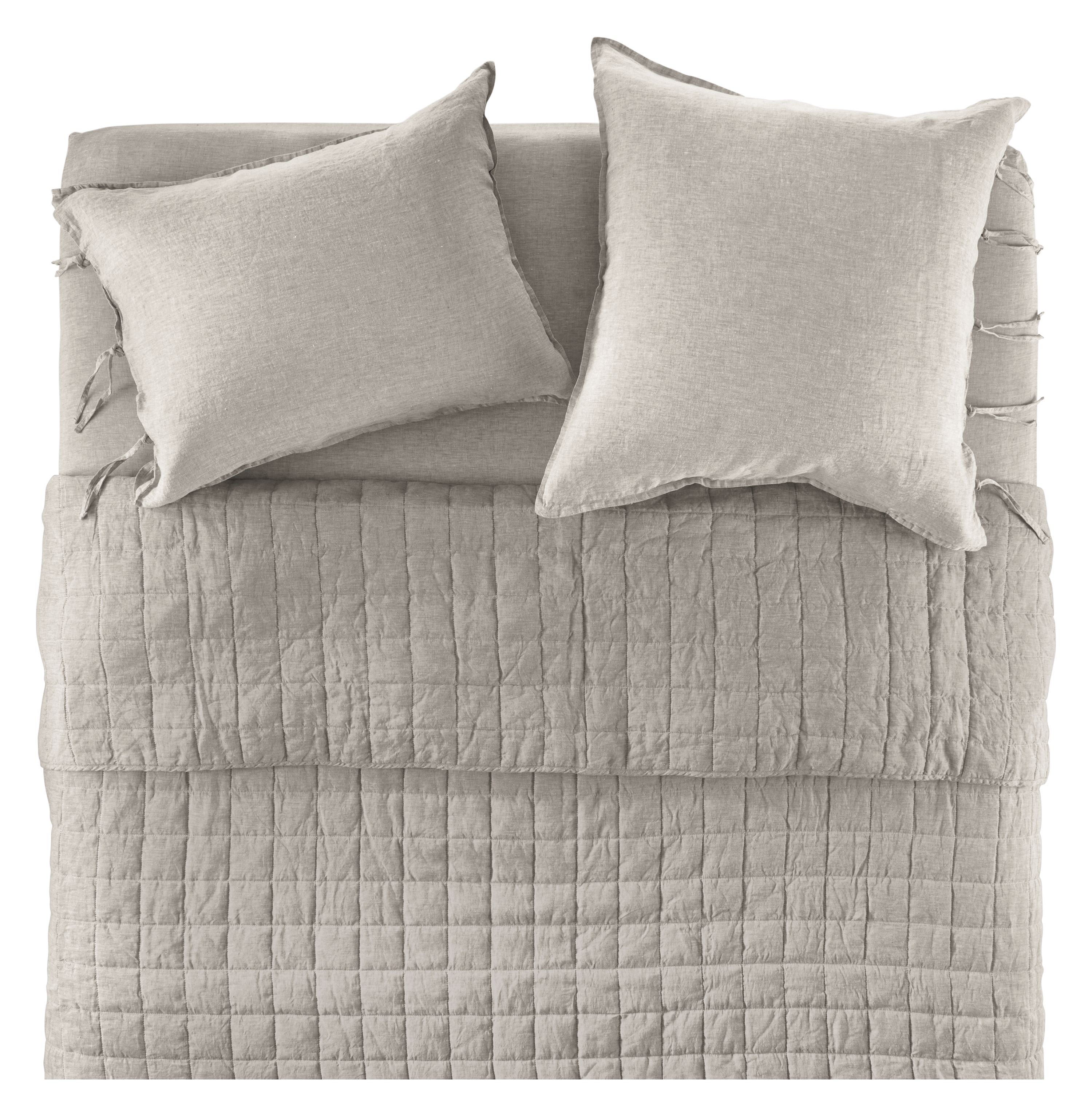 Overhead view of Core queen bed with Relaxed Linen coverlet, sham, and queen fitted sheet in Grey Chambray.