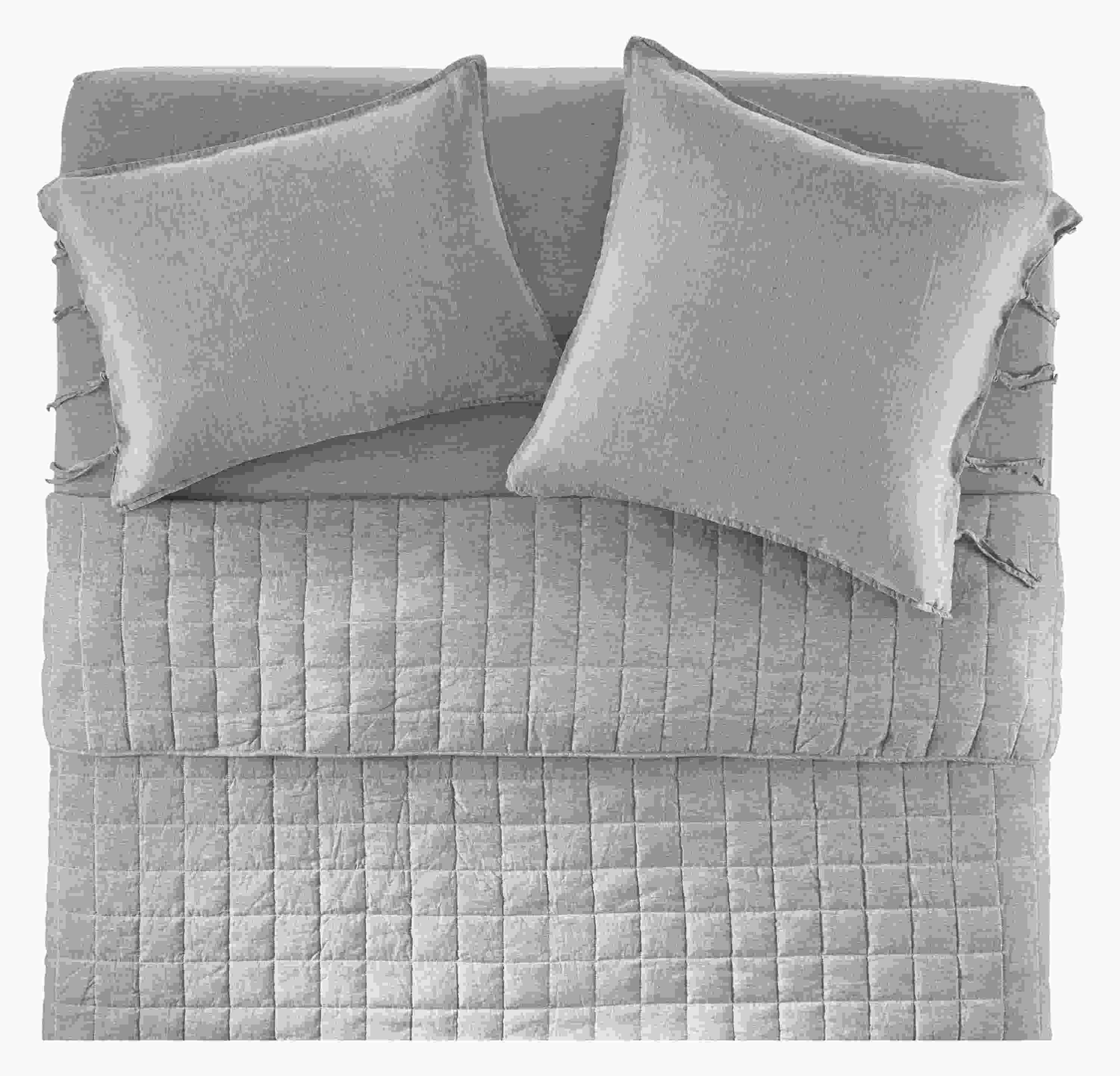 Overhead view of Core queen bed with Relaxed Linen coverlet, sham, and queen fitted sheet in Blue Chambray.