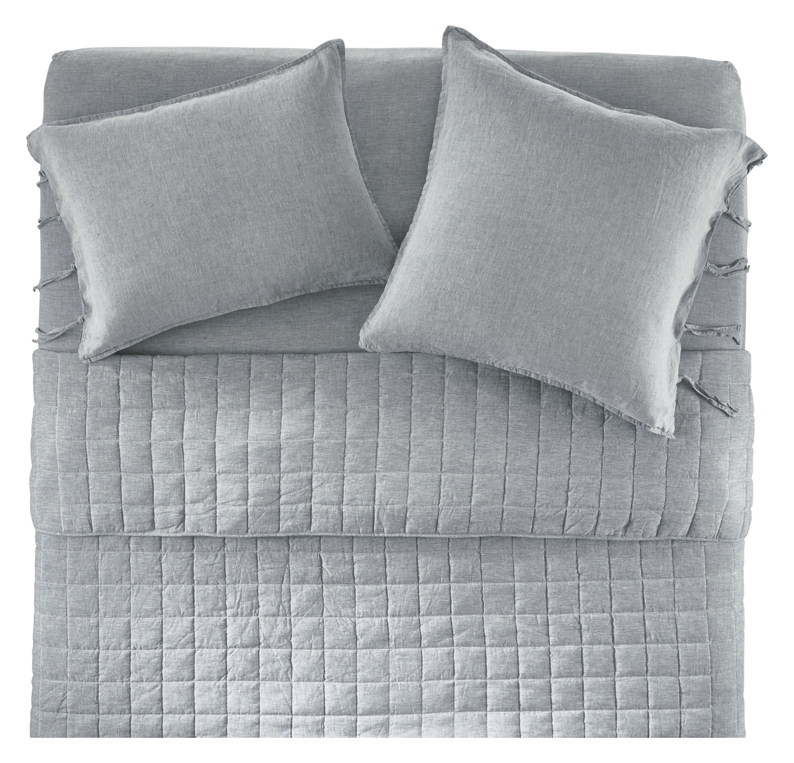 Overhead view of Core queen bed with Relaxed Linen coverlet, sham, and queen fitted sheet in Blue Chambray.