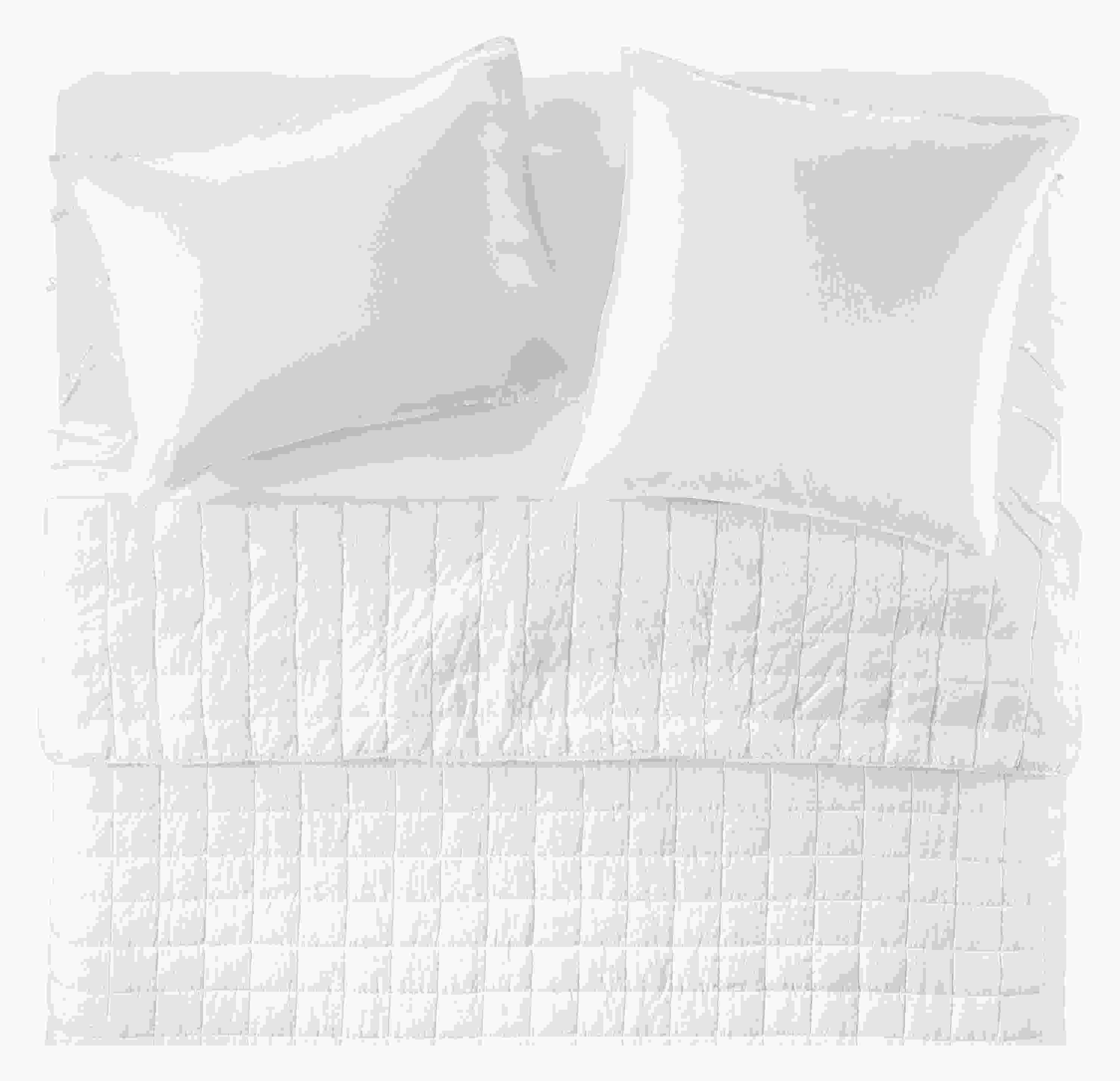 Overhead view of Core queen bed with Relaxed Linen coverlet, sham, and queen fitted sheet in White.