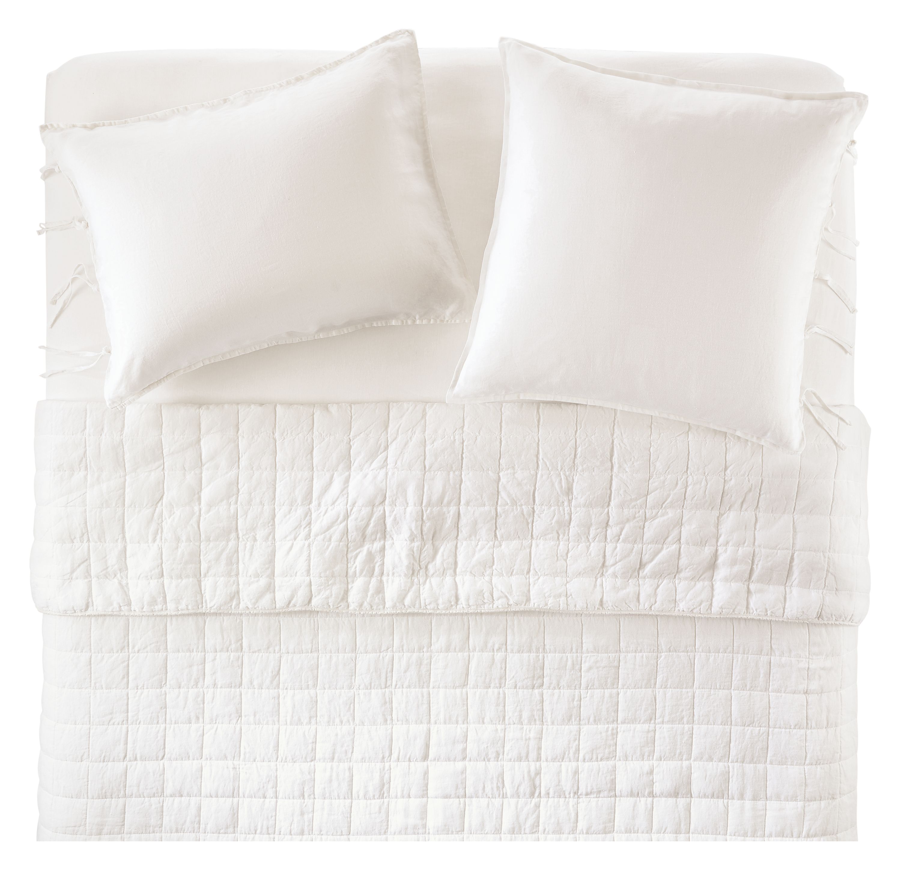 Overhead view of Core queen bed with Relaxed Linen coverlet, sham, and queen fitted sheet in White.