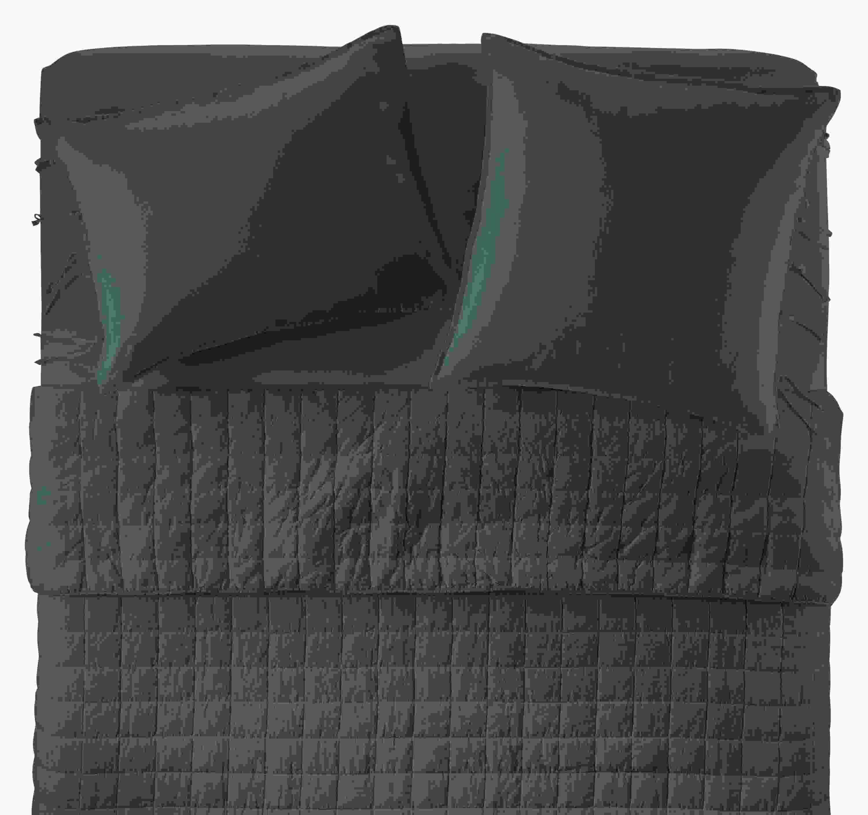 Overhead view of Core queen bed with Relaxed Linen coverlet, sham, and queen fitted sheet in dark slate.