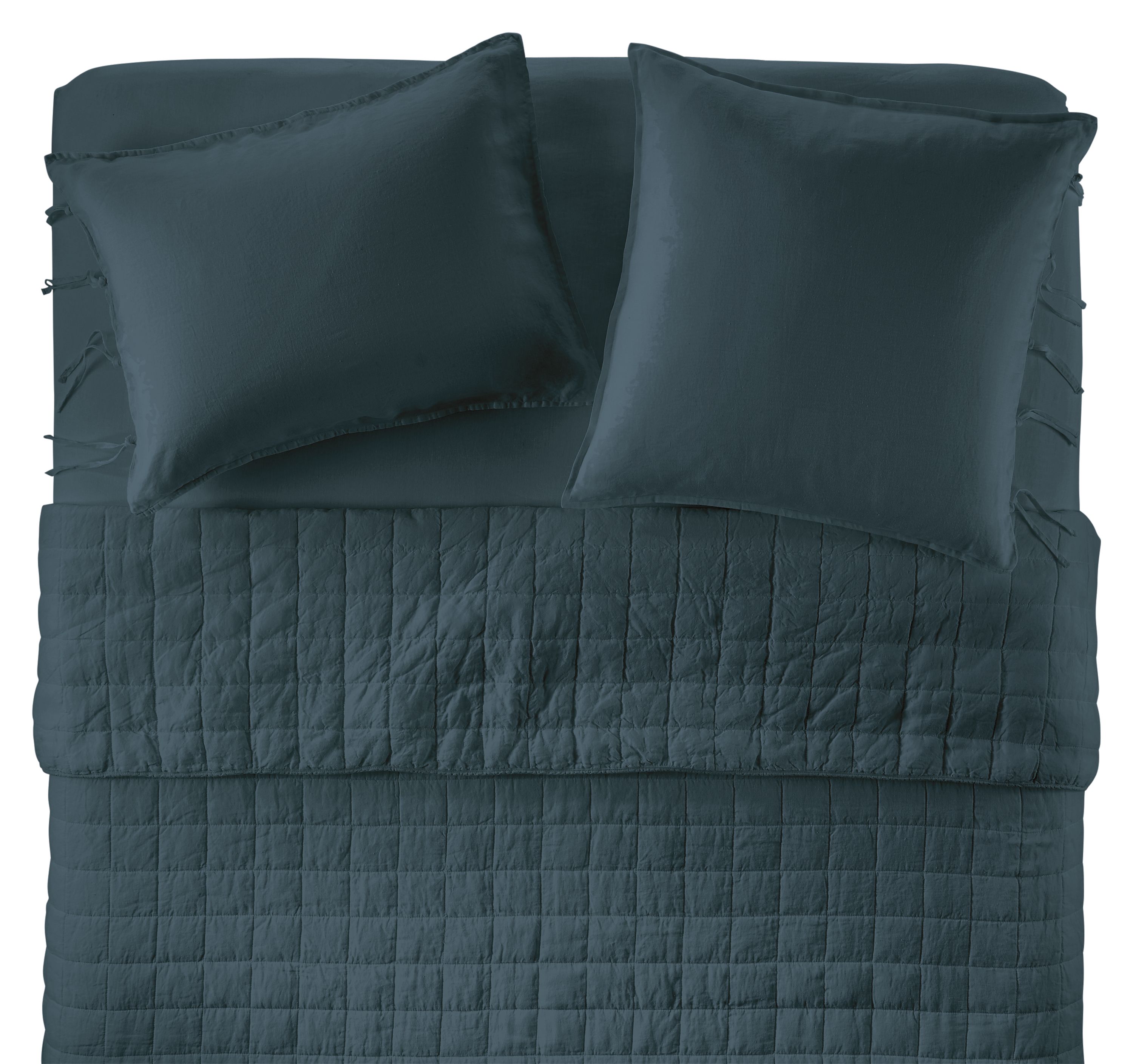 Overhead view of Core queen bed with Relaxed Linen coverlet, sham, and queen fitted sheet in dark slate.