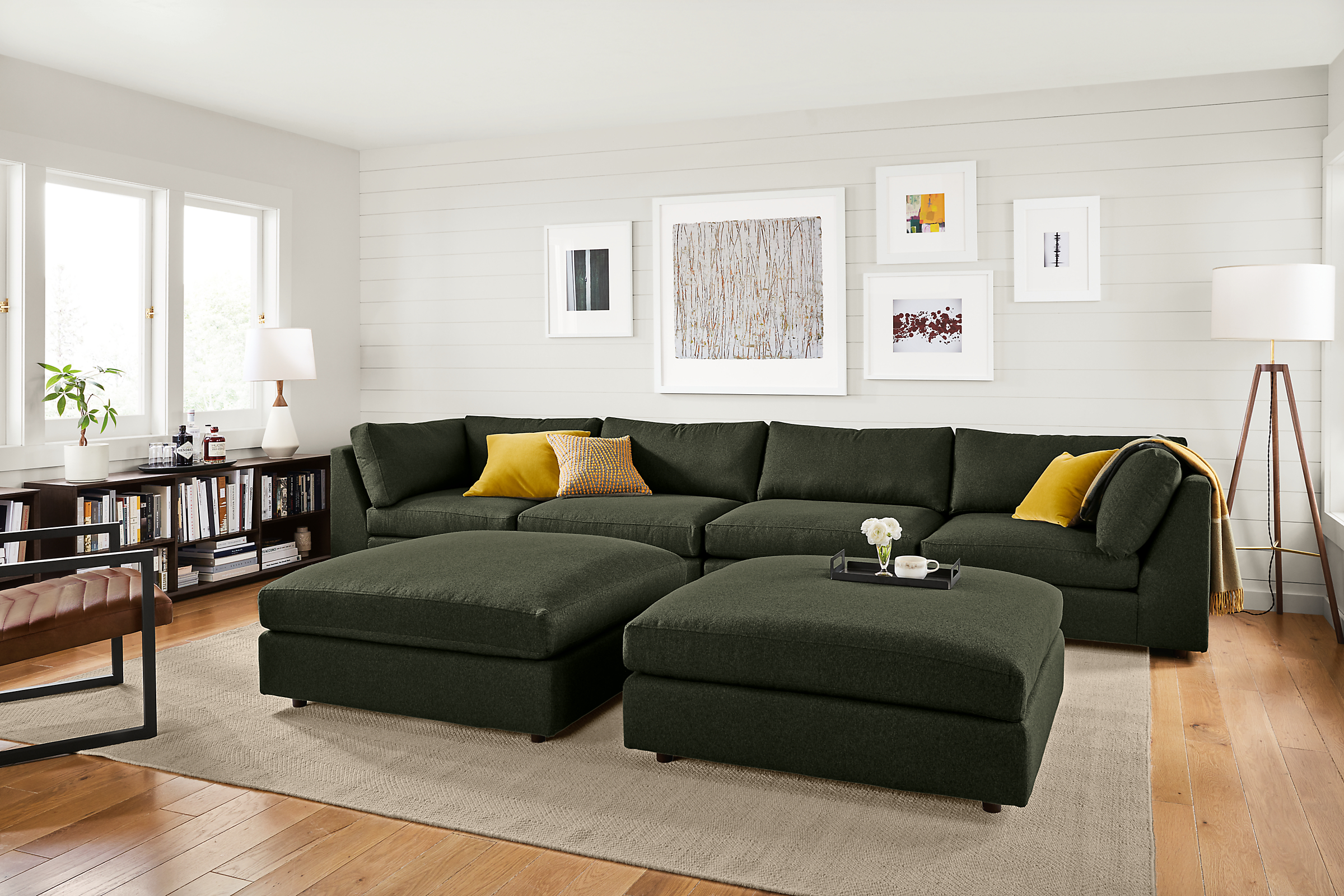 Living room with Linger modular sectional in flint olive.
