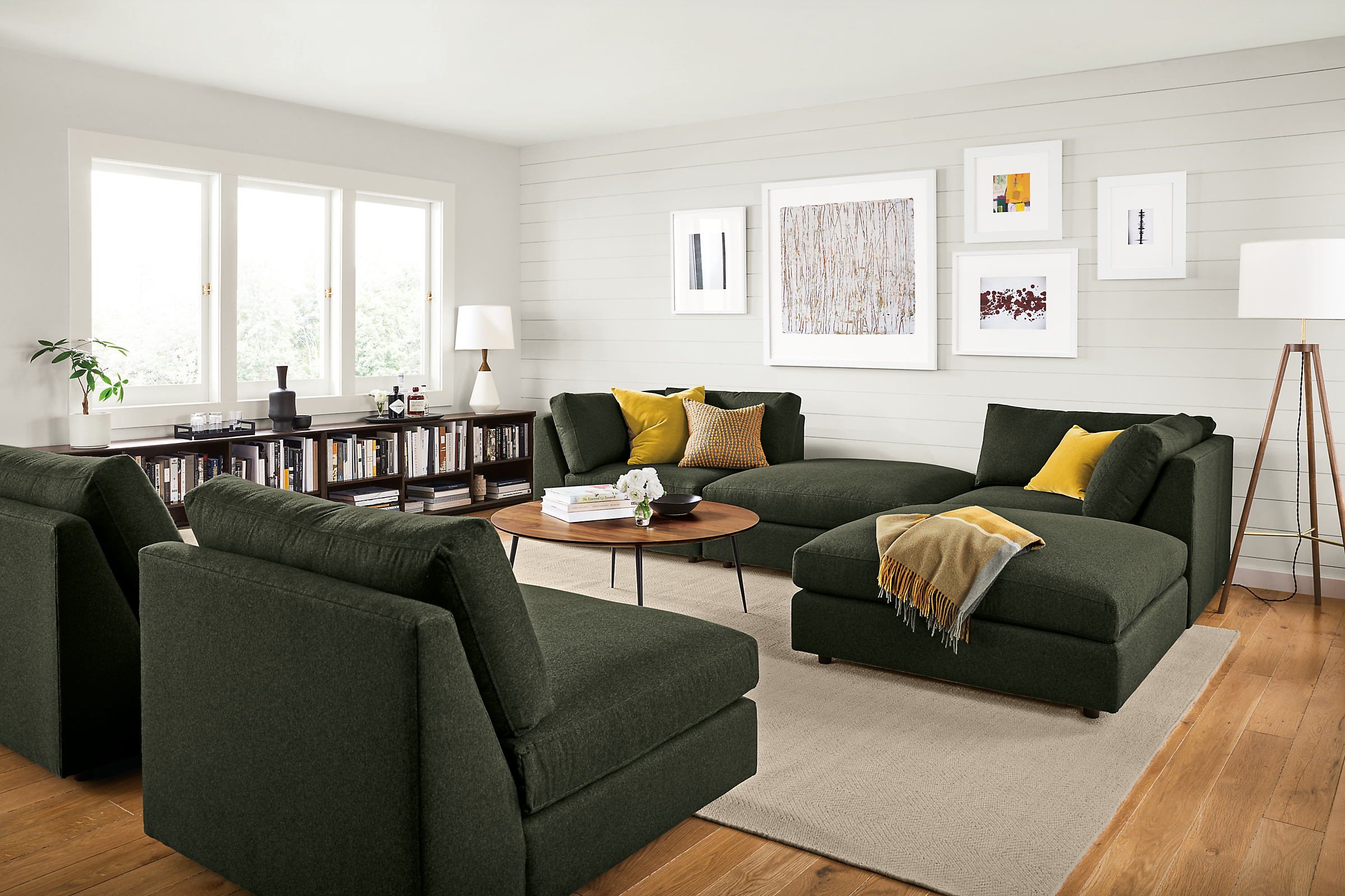 Living room with Linger modular sectional in flint olive.