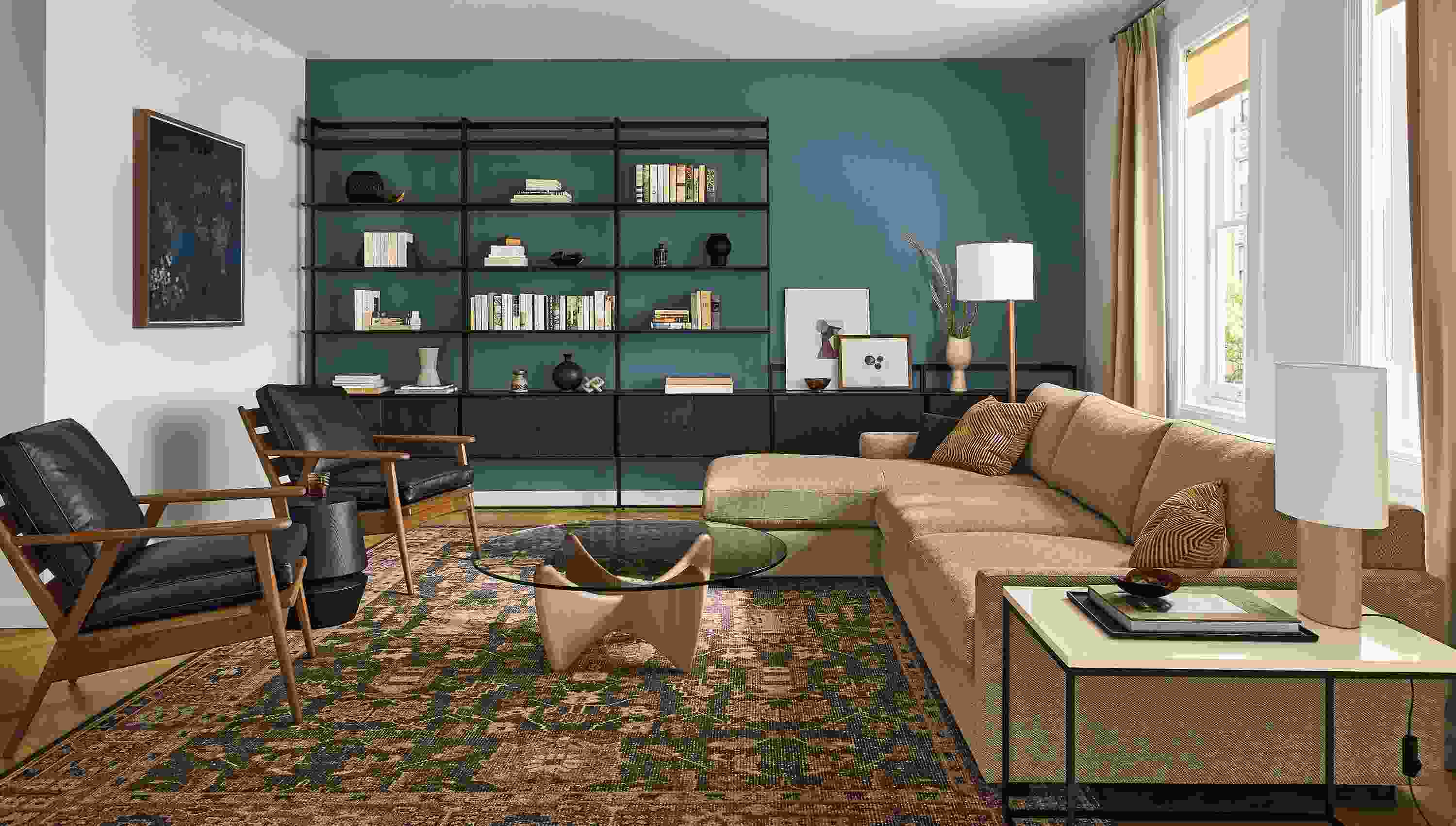 Linger deep 116-wide sofa with left arm chaise in tatum taupe and 2 ericson lounge chairs in pesaro black leather.
