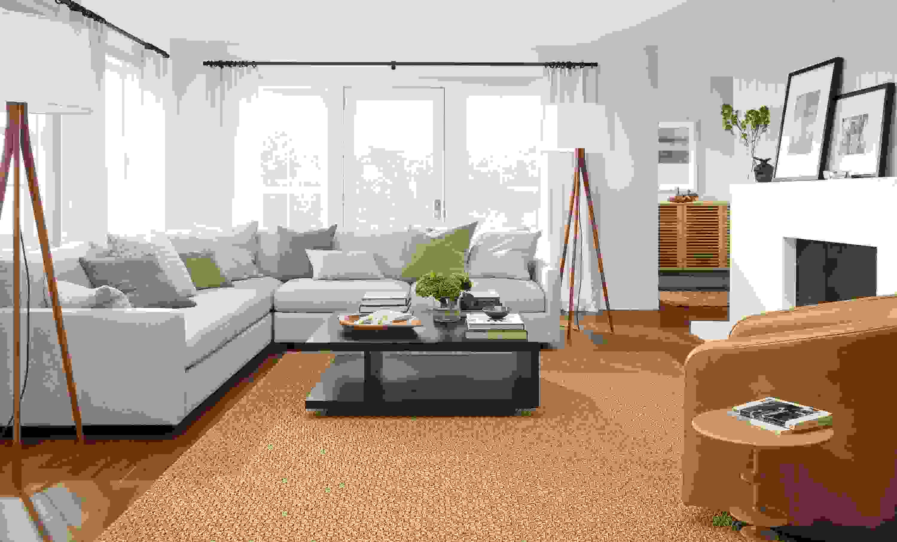 Detail of Linger sectional in Hines Oatmeal in large coastal living room.