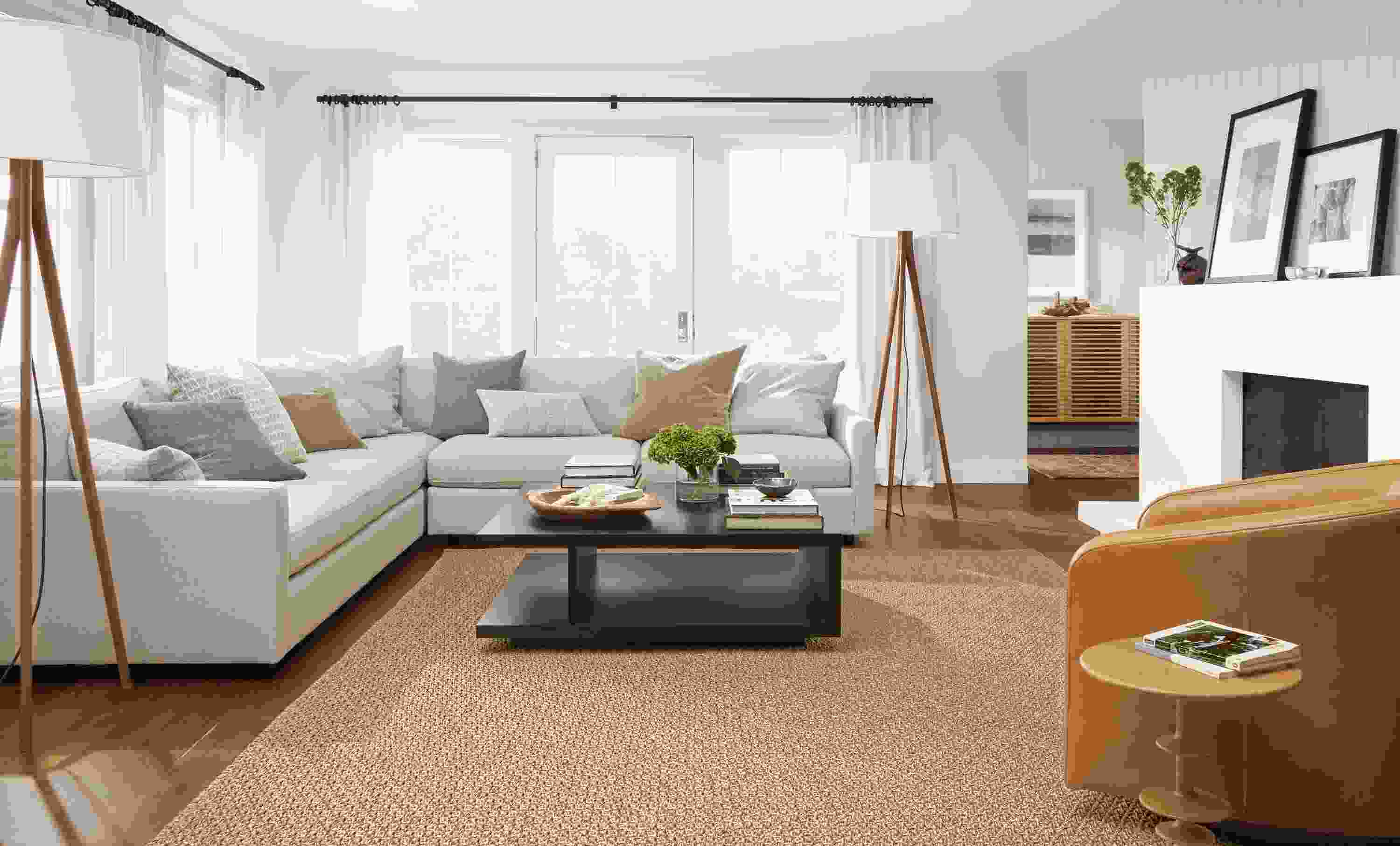 Detail of Linger sectional in Hines Oatmeal in large coastal living room.
