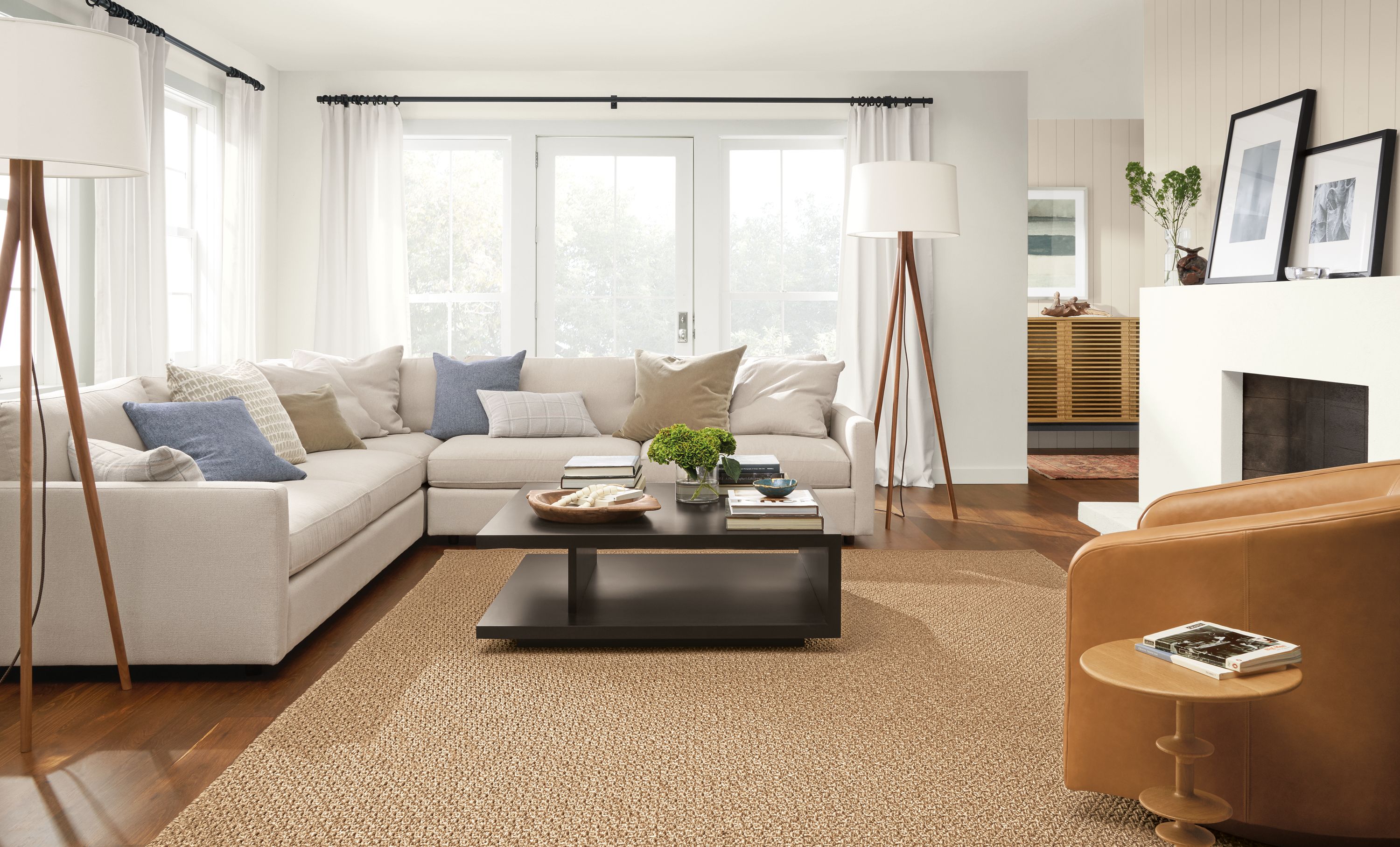 Detail of Linger sectional in Hines Oatmeal in large coastal living room.