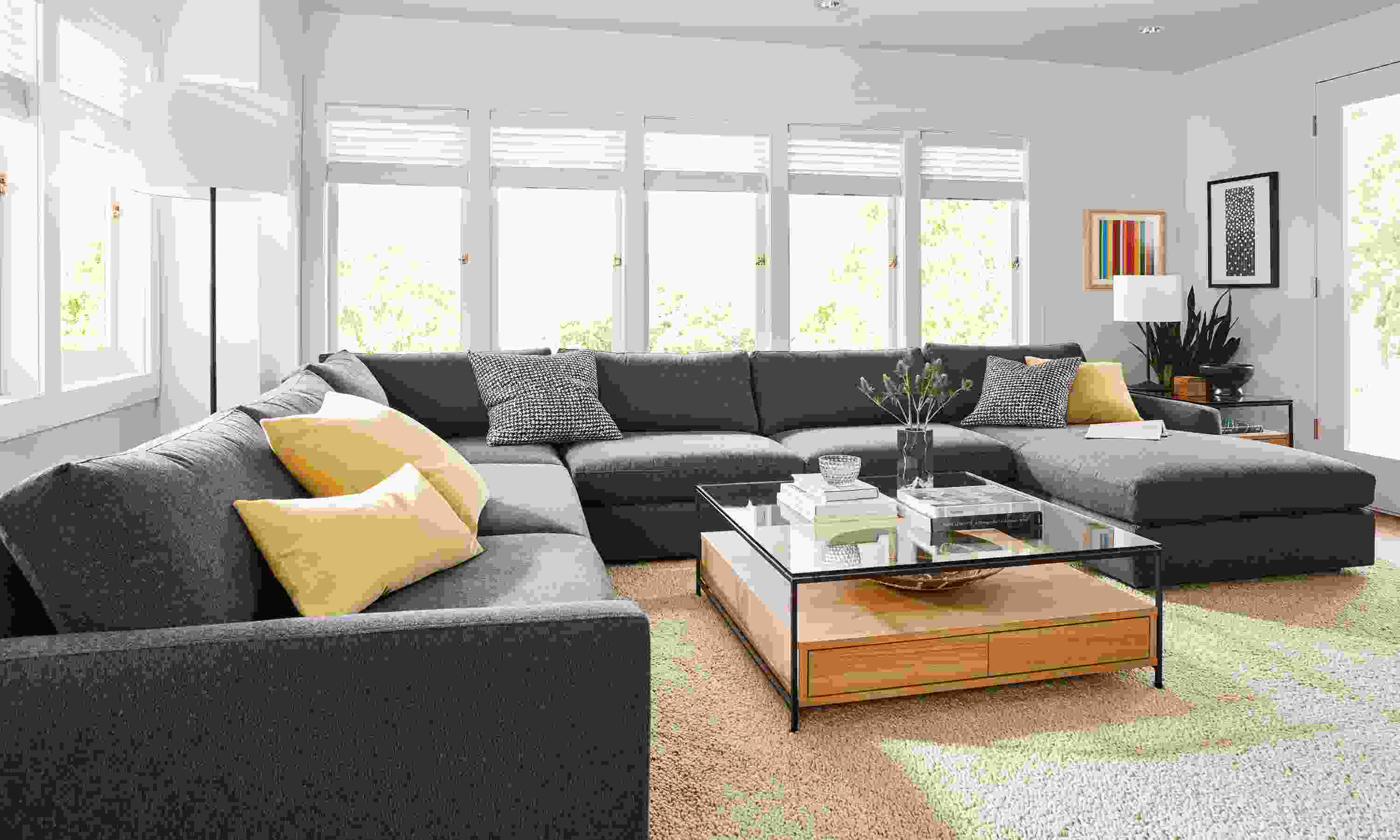 Living room with Linger sectional in flint charcoal.