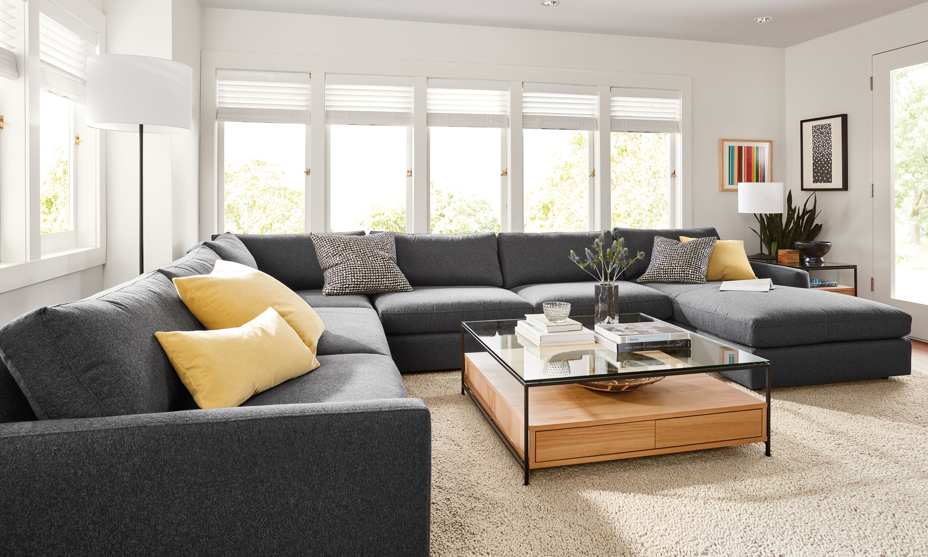 Living room with Linger sectional in flint charcoal.