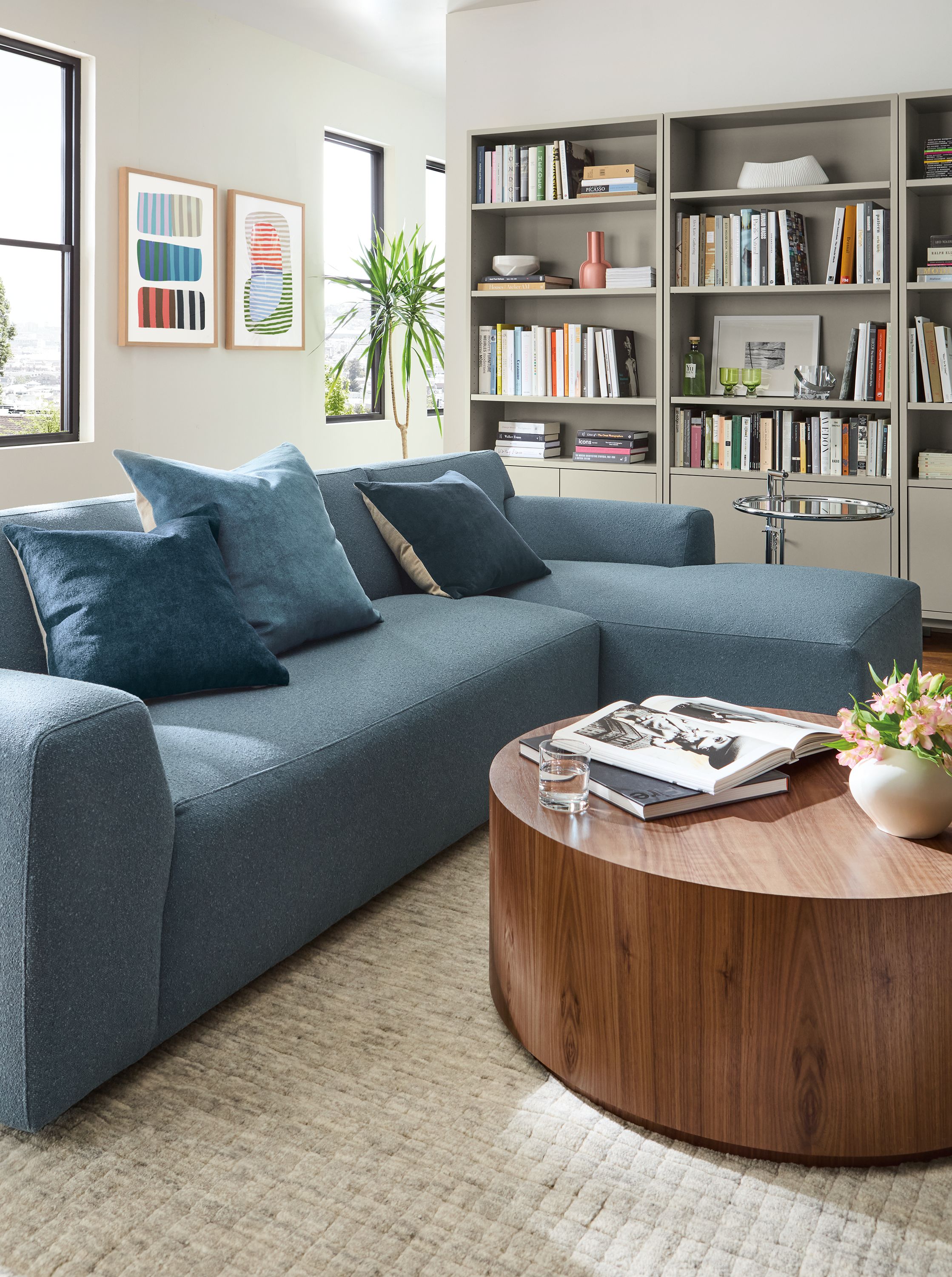 Living room with Linville sofa in Declan Ocean and Liam round coffee table in walnut.