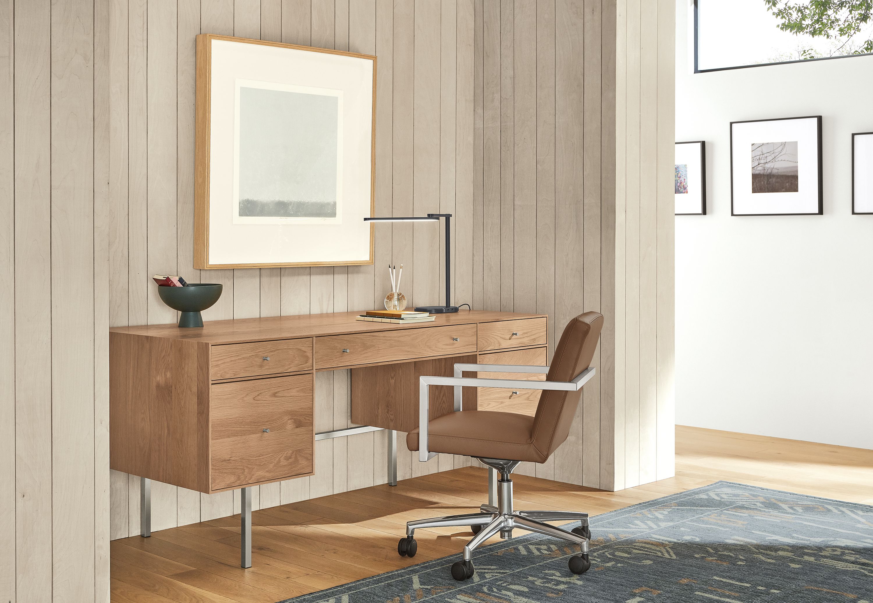 66w file drawer desk in rye stain/stainless steel