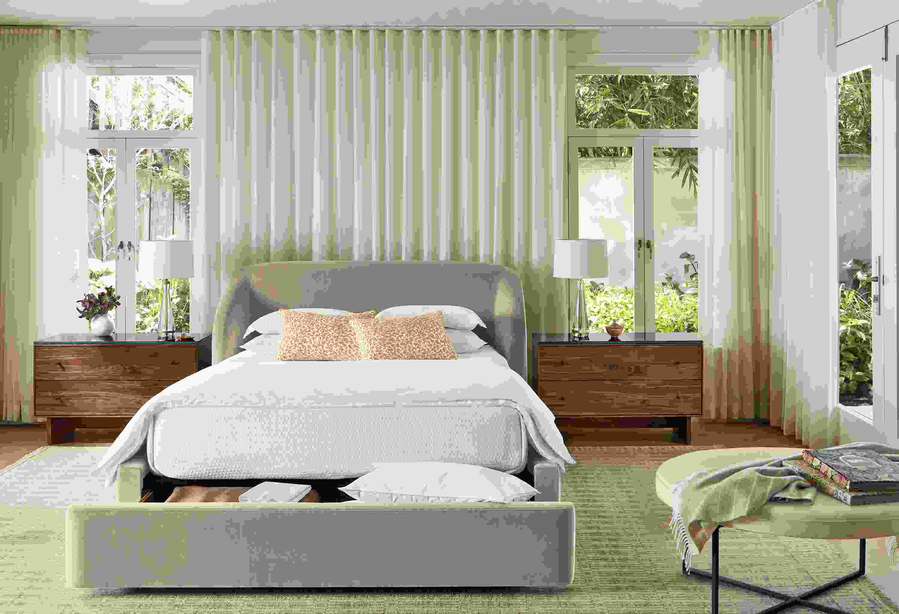 Bedroom with Loxley queen storage bed in Windsor Asphalt with storage drawer open and Tulum rug in taupe.