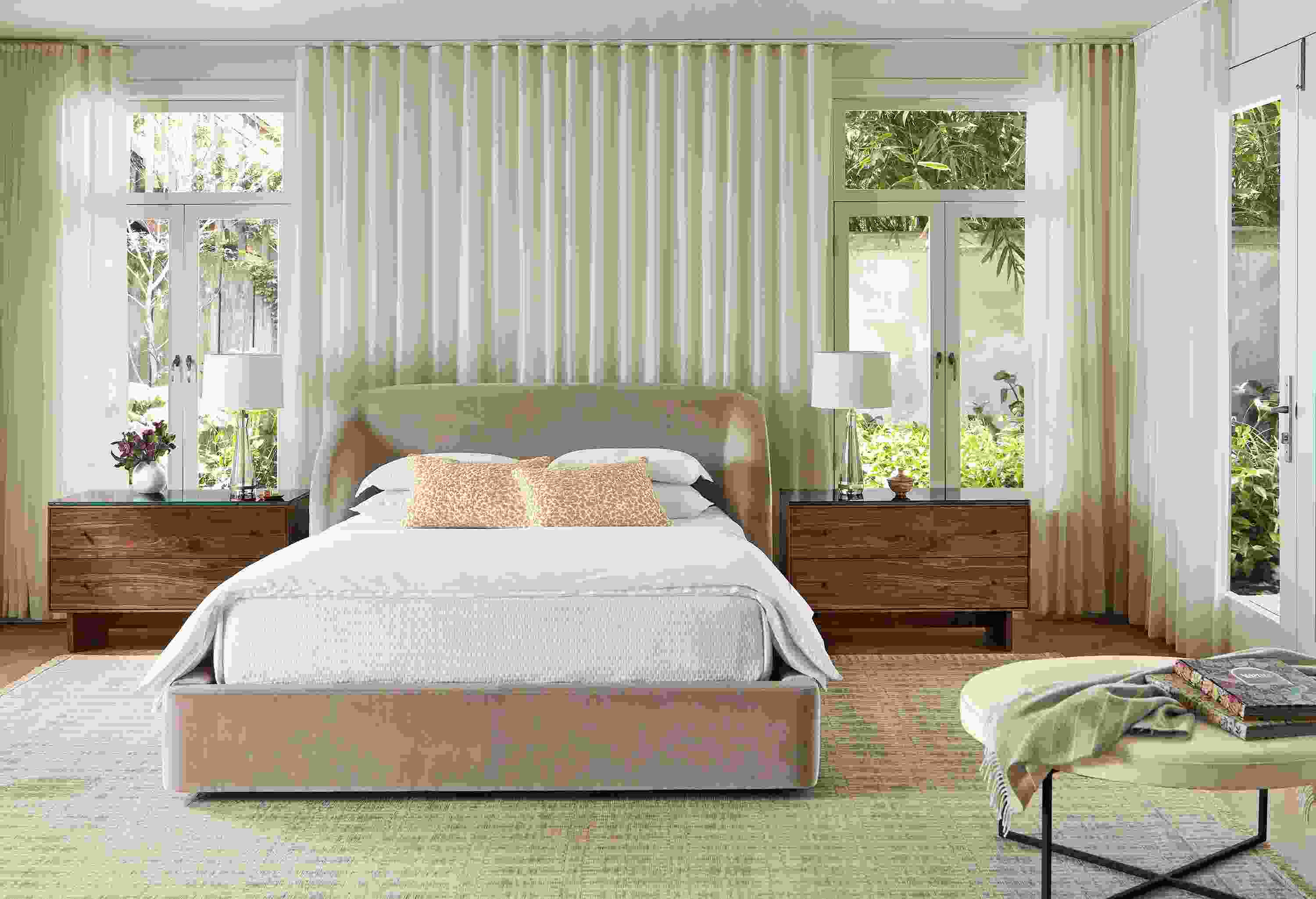 Bedroom with Loxley queen storage bed in Windsor Asphalt, Hudson nighstand in walnut and Tulum rug in taupe.