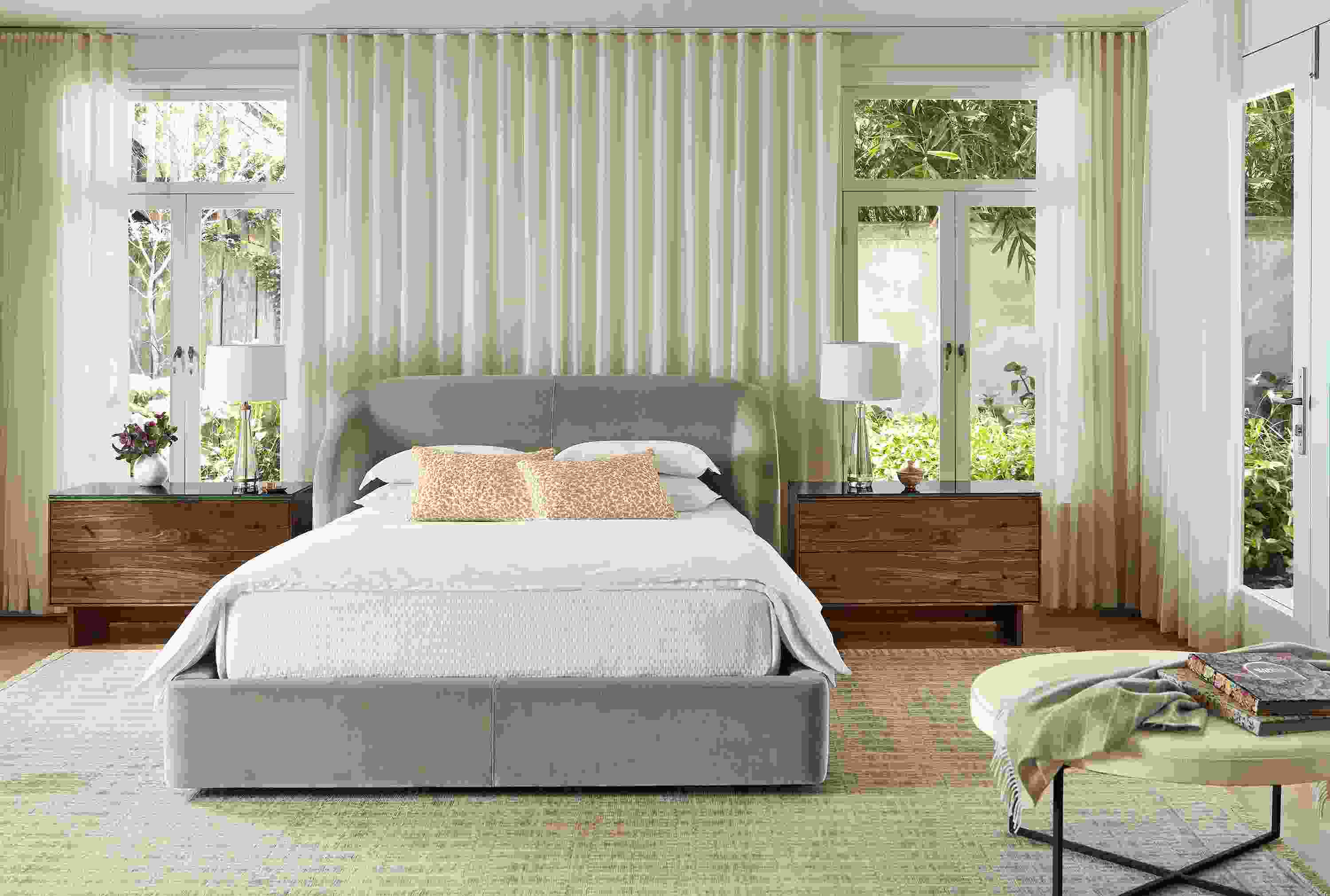 Bedroom with Loxley queen storage bed in Vance Asphalt, Hudson nightstand in walnut and Tulum rug.