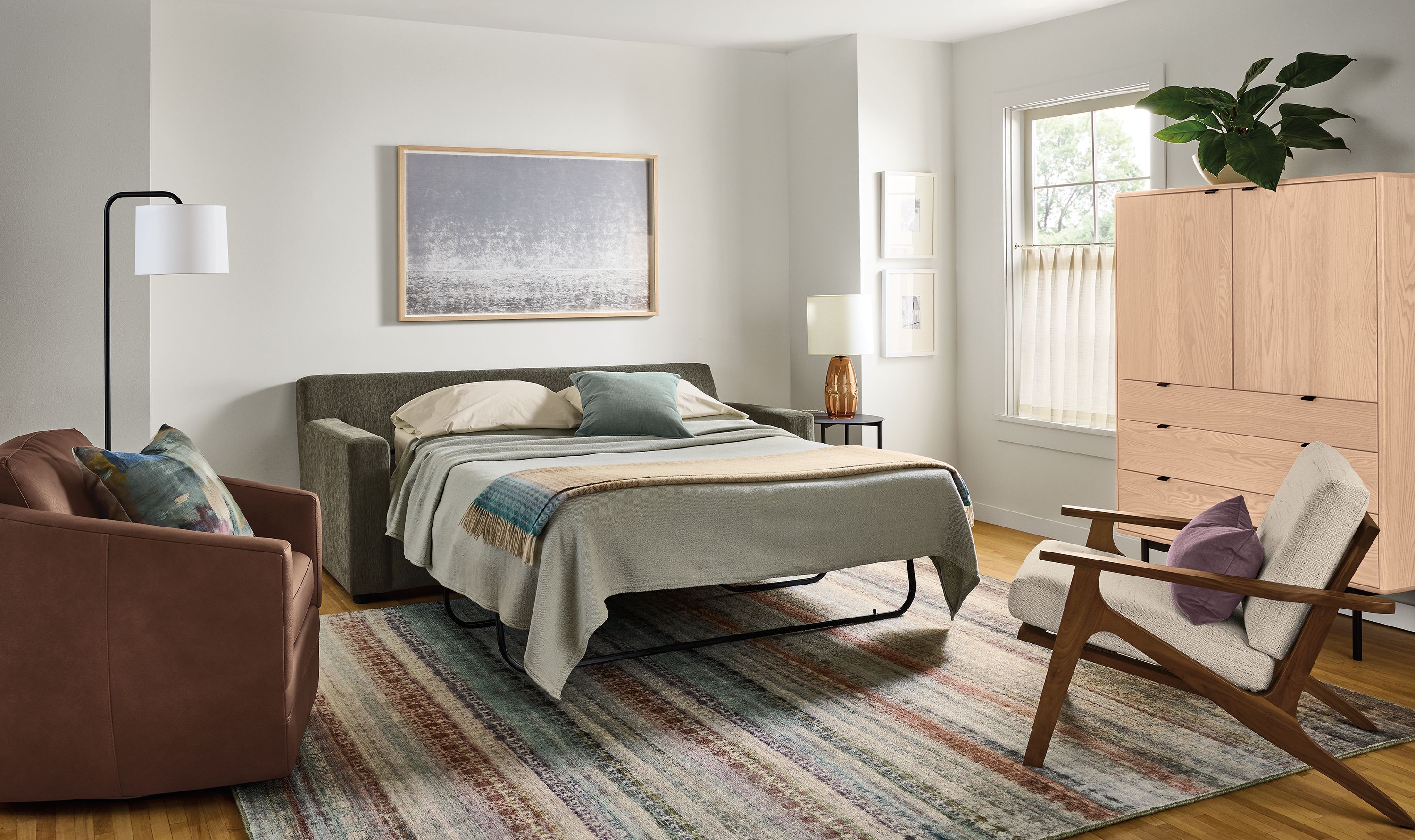 Wide arm 82" pull-out queen sleeper sofa in Crawford olive fabric