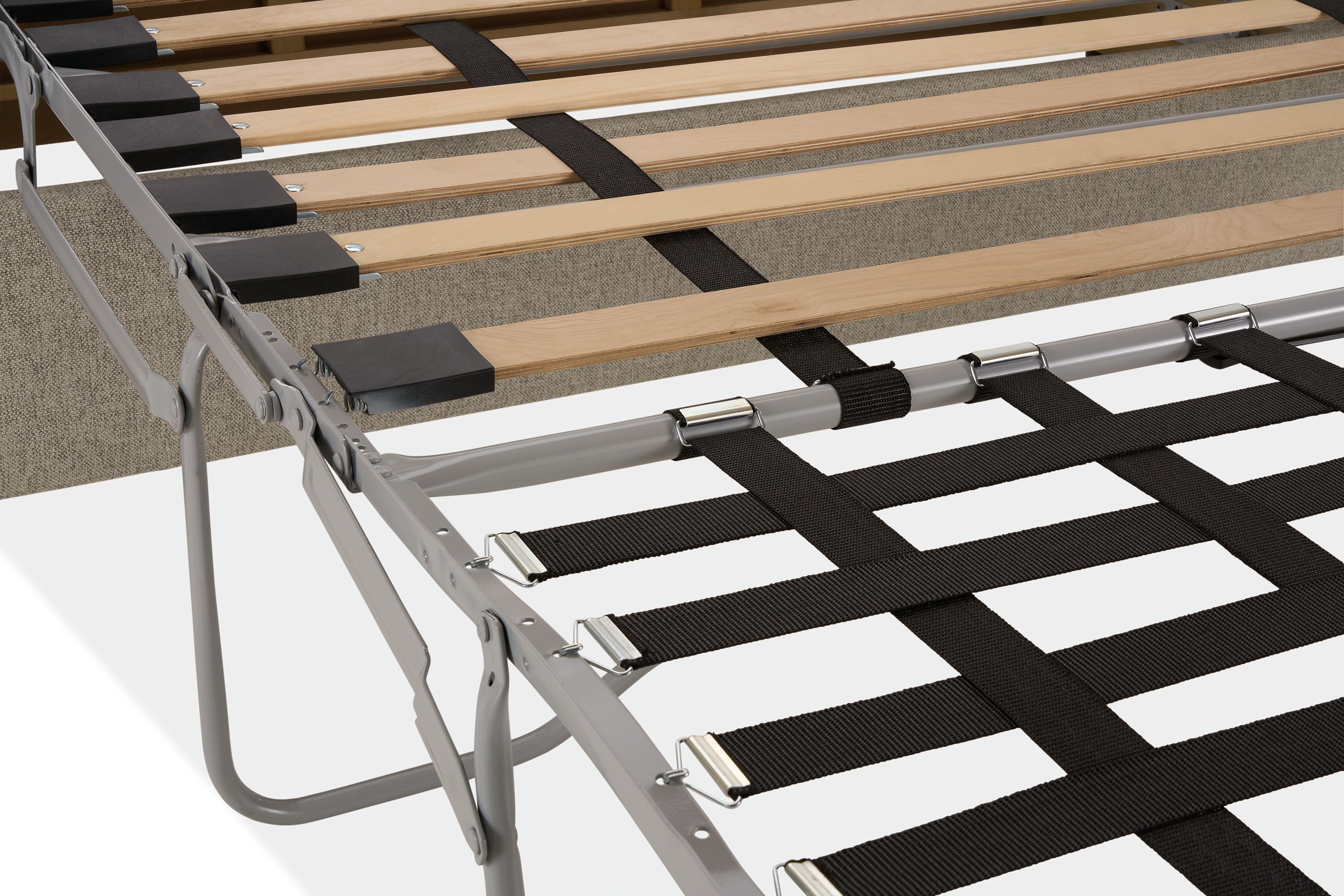 Detail of bed frame and supports on Ludlow wide arm queen sleeper sofa in Tatum Grey.