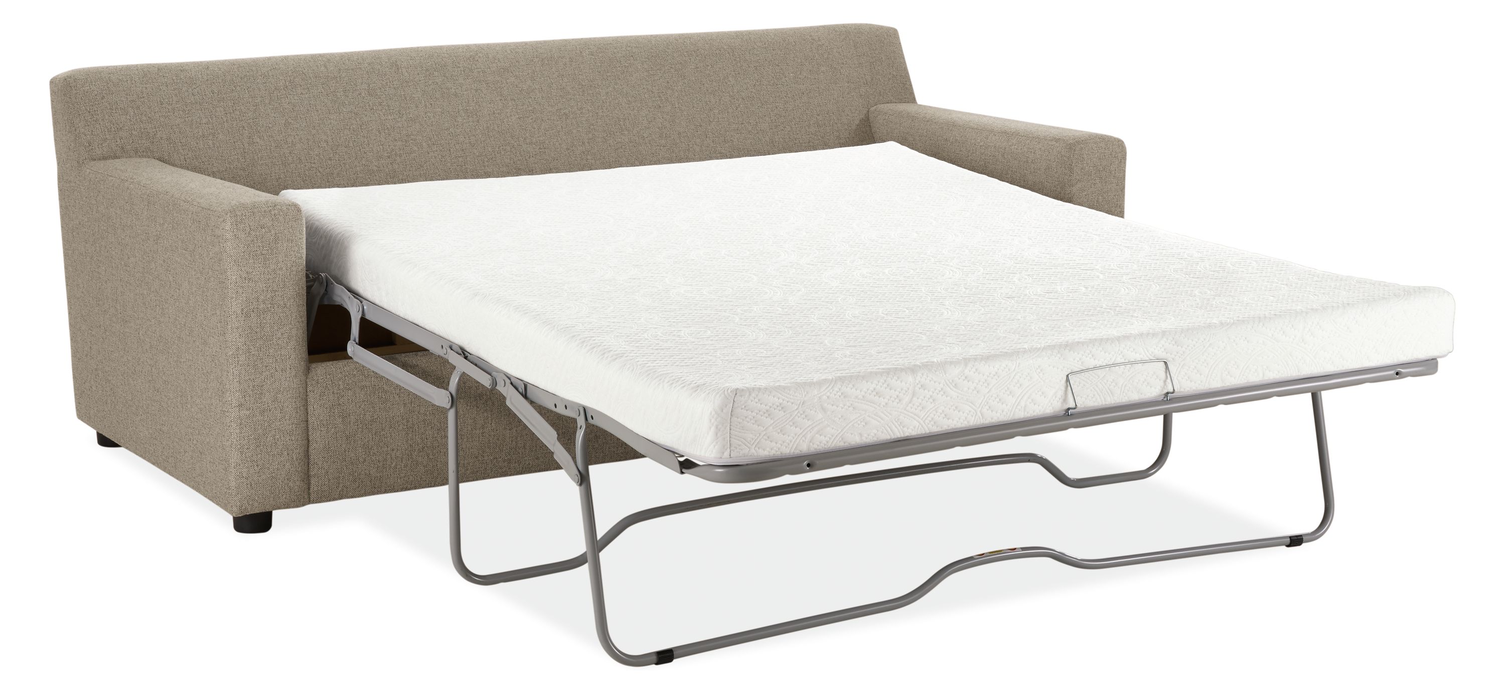 Ludlow wide arm pull-out queen sleeper sofa in Tatum Grey shown with bed open.