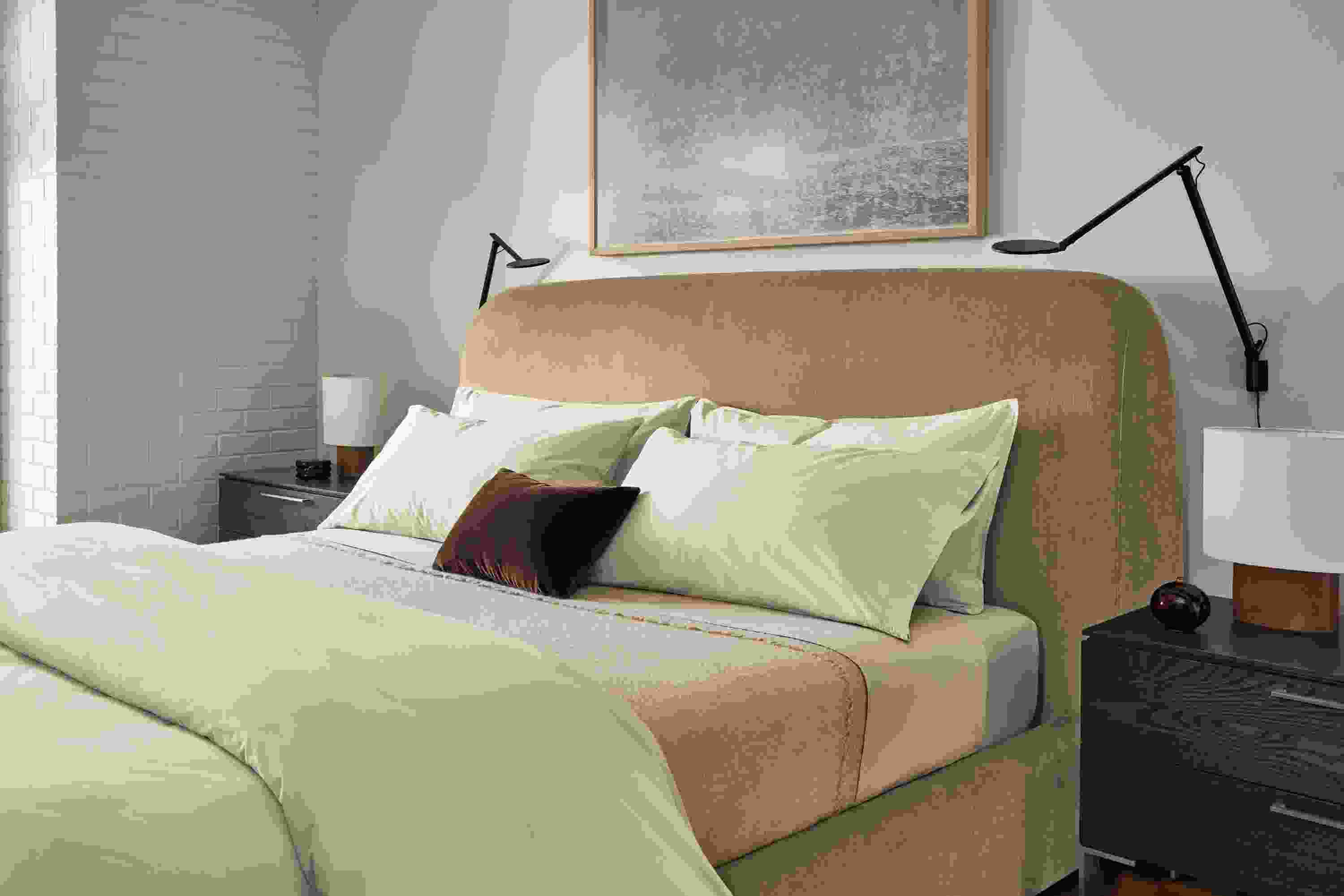 Bedroom with Luna king bed in Windsor Otter, 2 Kenwood nightstands in charcoal on ash and Ayomi Yoshida wall art.